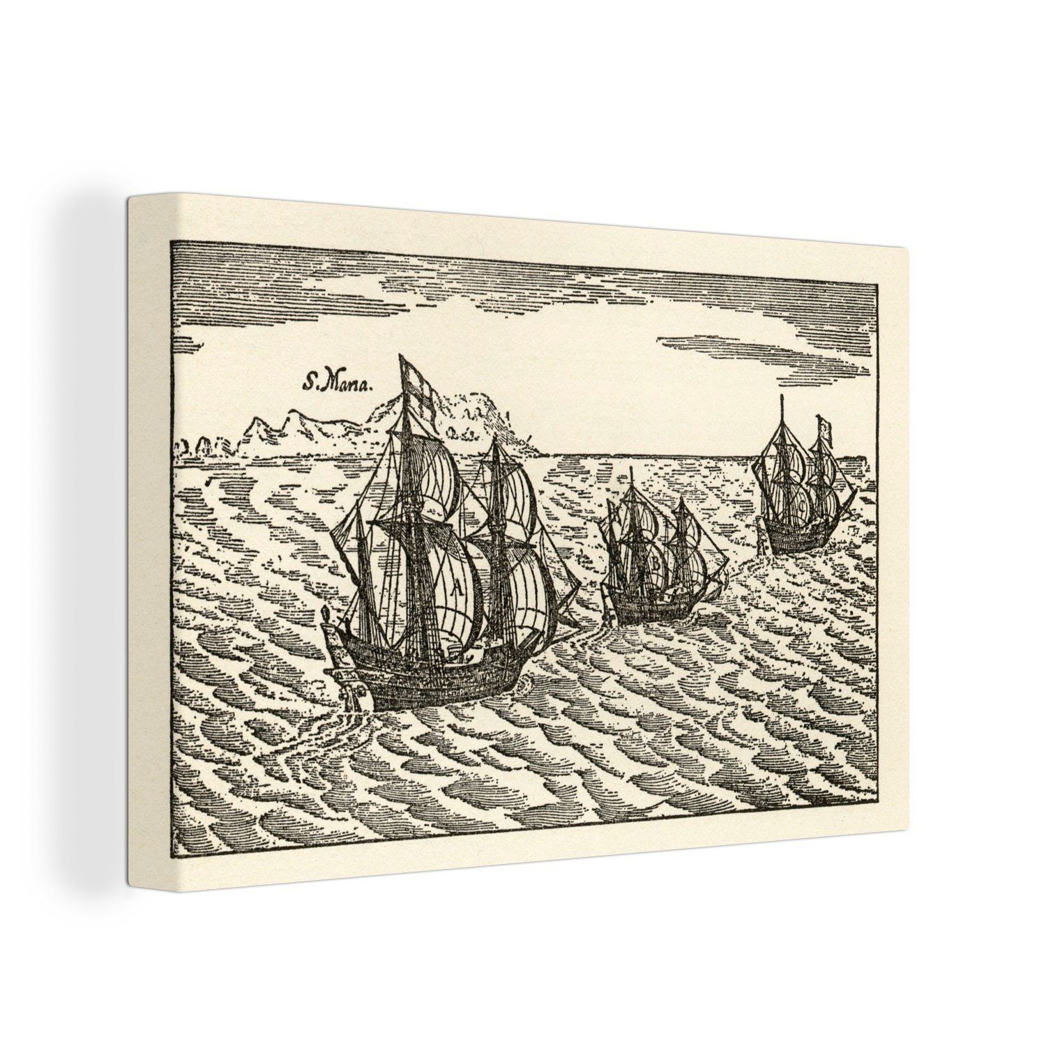 OneMillionCanvasses® Leinwandbild Illustration einer Schiffsflotte von Christoph Kolumbus, (1 St), Wandbild Leinwandbilder, Aufhängefertig, Wanddeko, 30x20 cm