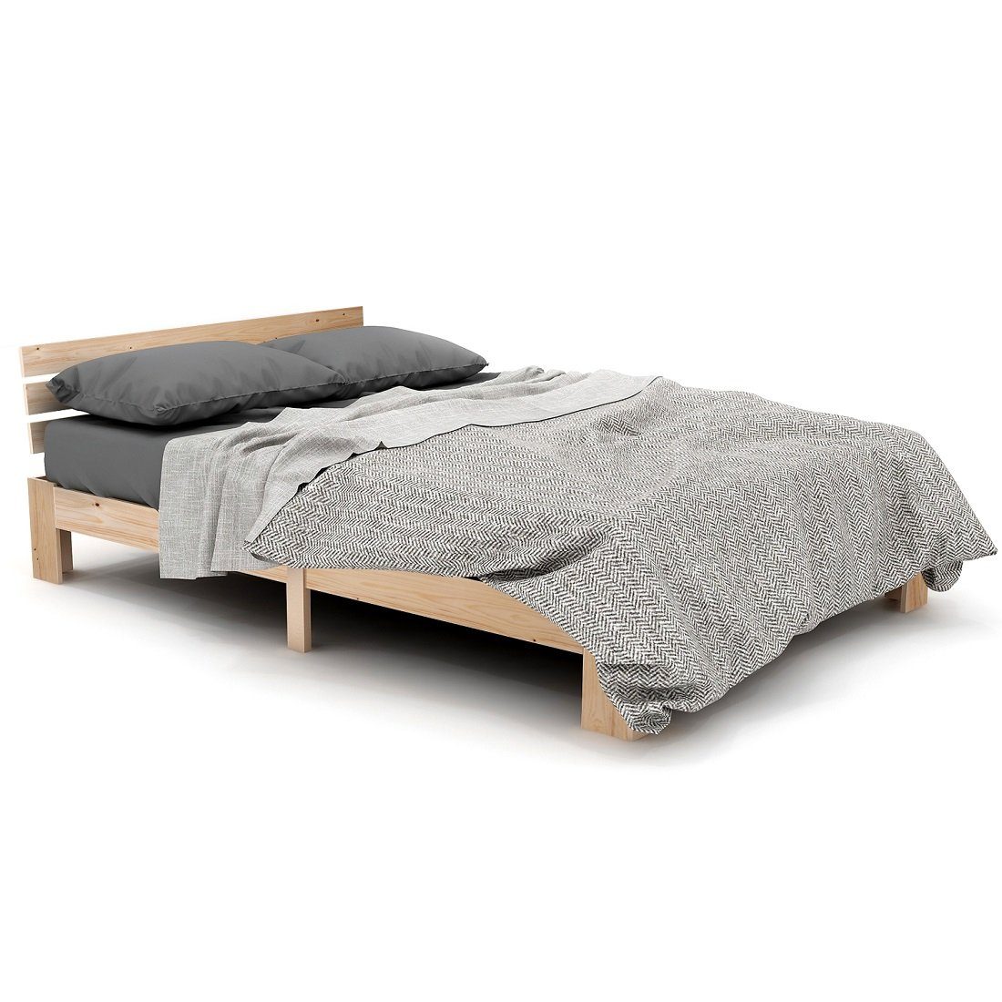 Holzbett (Maasivholzbett Futonbett), Doppelbett mit Kopfteil und Lattenrost, 200x140 cm, aus Kiefer