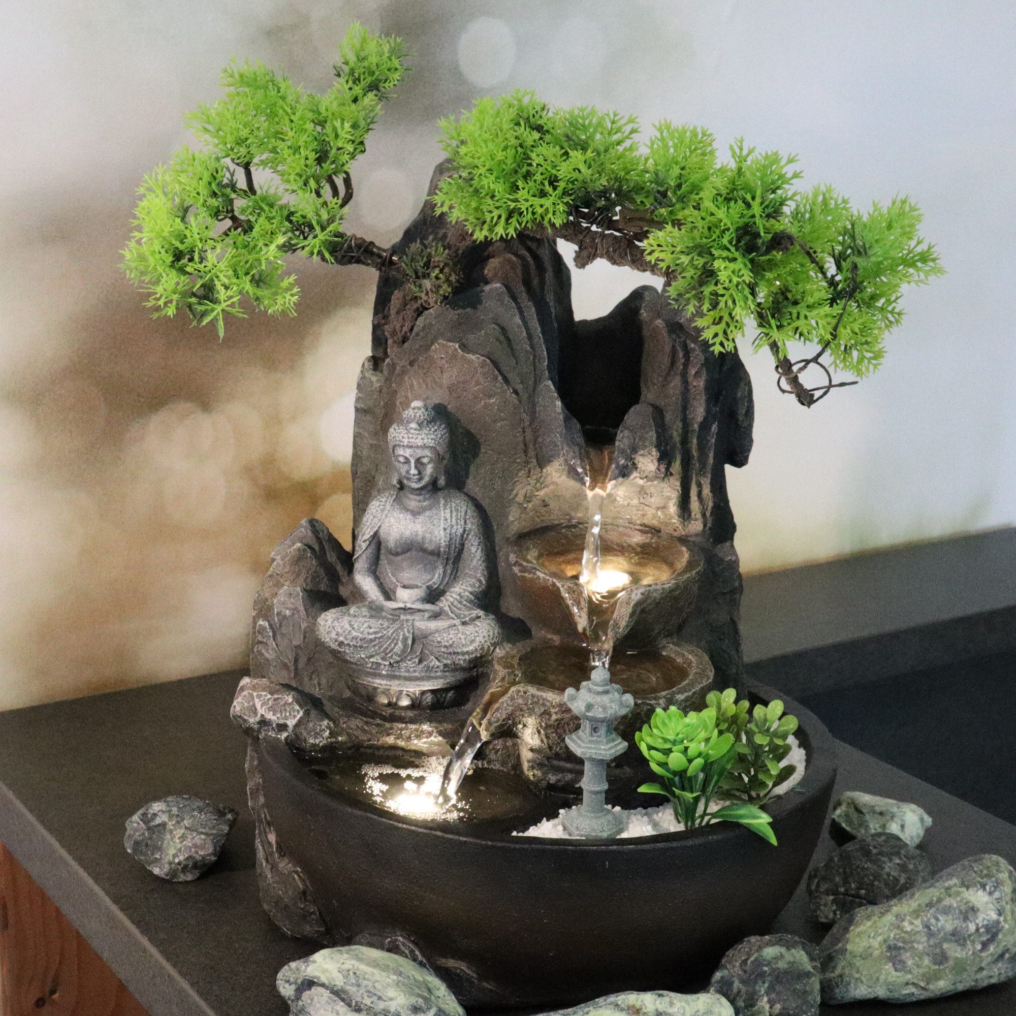 Wacredo Zimmerbrunnen Premium Zimmerbrunnen Komplettset Buddha, Wasserbecken BxT: 25x26 cm, Gesamtmaß: 26 x 25 x 32cm (L x B x H)