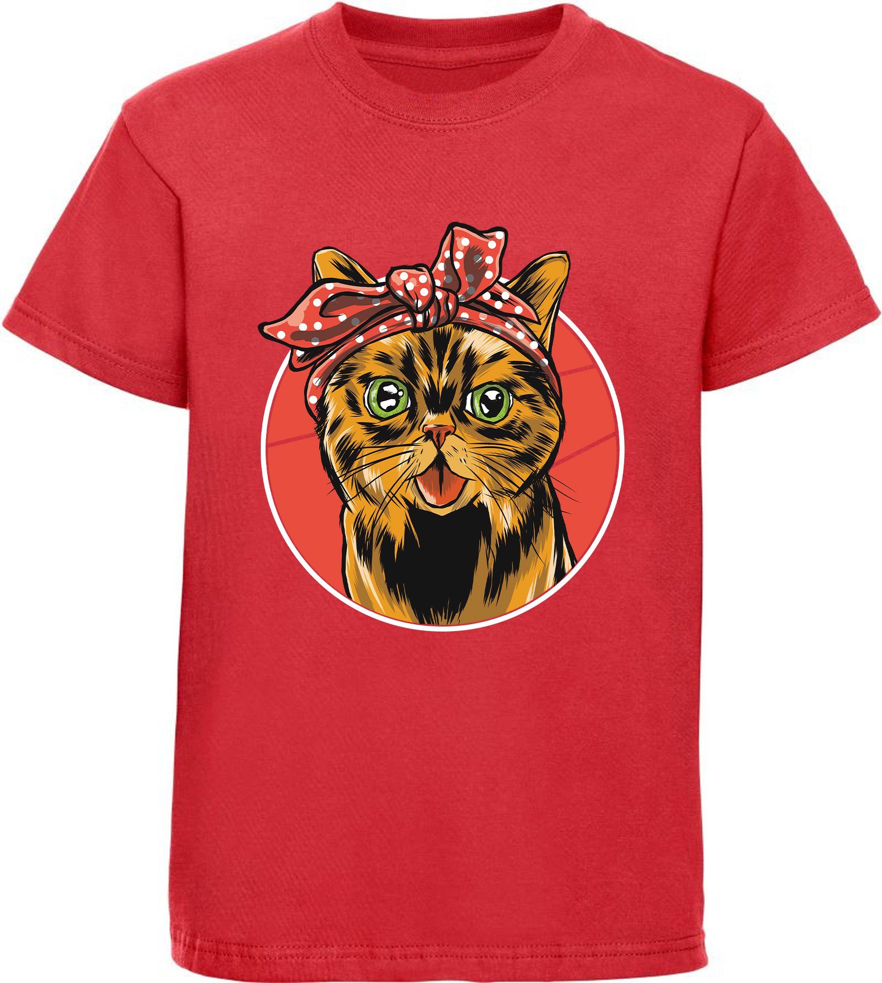 MyDesign24 Print-Shirt bedrucktes Kinder Mädchen T-Shirt Katze mit Schleife Baumwollshirt mit Katze, weiß, schwarz, rot, rosa, i103