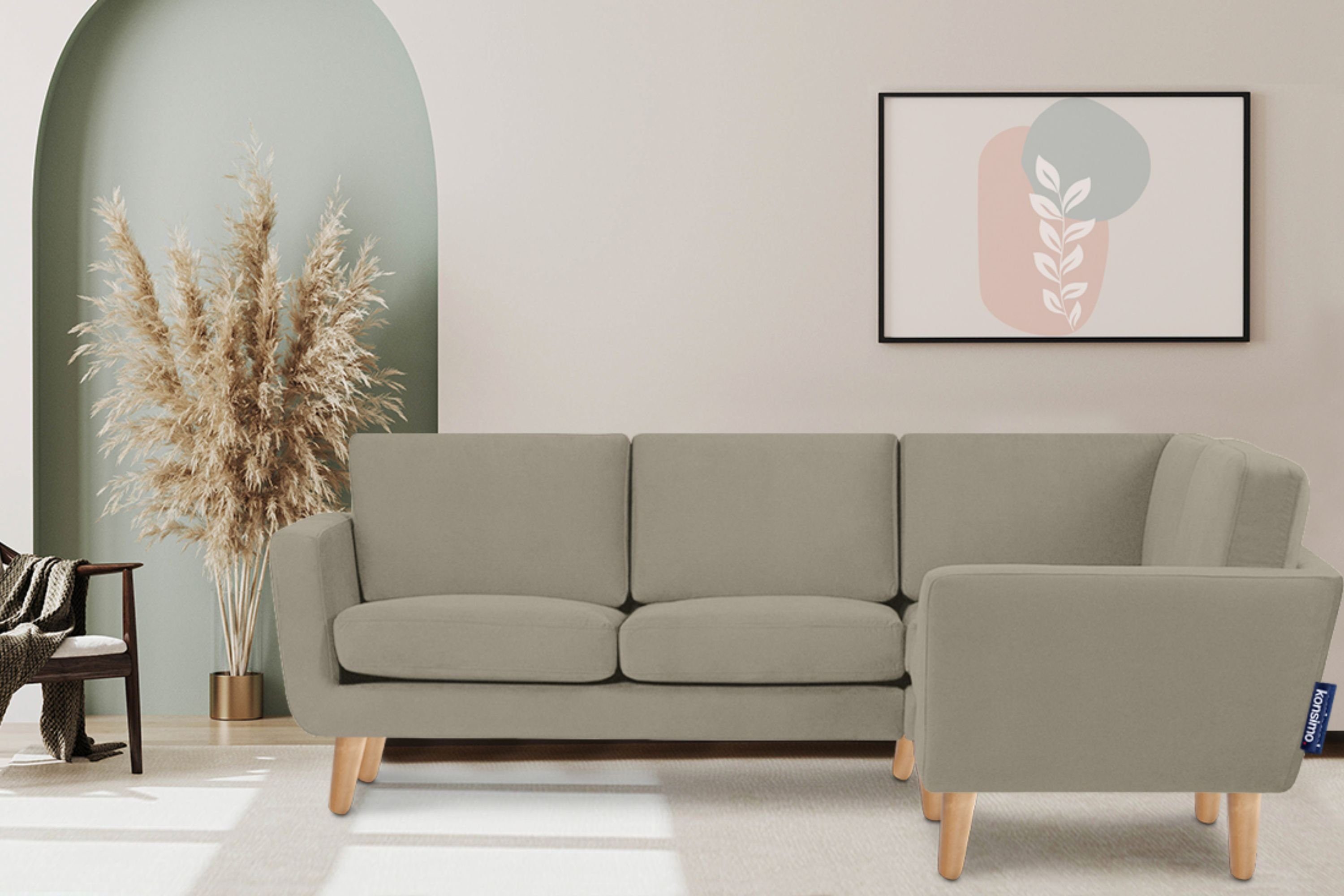 KONSIMO® Ecksofa TAGIO Ecksofa rechts, hergestellt in Europa, 5 Jahre Garantie, Scandi-Stil, mit Armlehnen, Gestell aus Massivholz