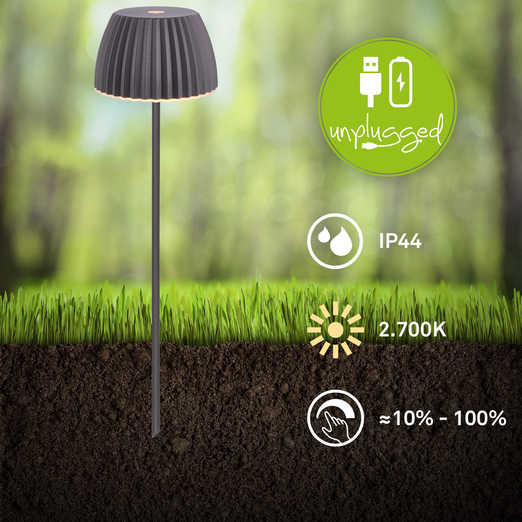 Briloner Leuchten LED Gartenleuchte Gartenlampe Erdspieß kabellos Akku dimmbar, Einzelpack, LED wechselbar, warmweiß, Einzelstück/2er-Set, Akku tauschbar, Outdoor, Balkon, Terrasse