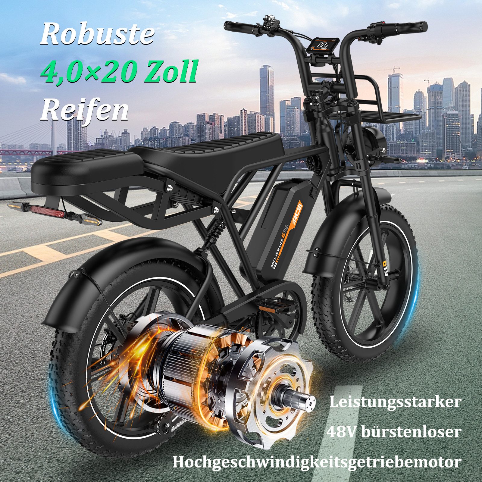 RCB E-Bike Pedelec G19, NFC&APP, 22,5Ah, 120–130KM Reichweite, 20×4,0Zoll Elektrofahrrad, 7 Gang, 250W Heckmotor, 1080 Wh, Blinker, Drehmomentsensor, Steigfähigkeit bis 21,26 % (ca. 12)