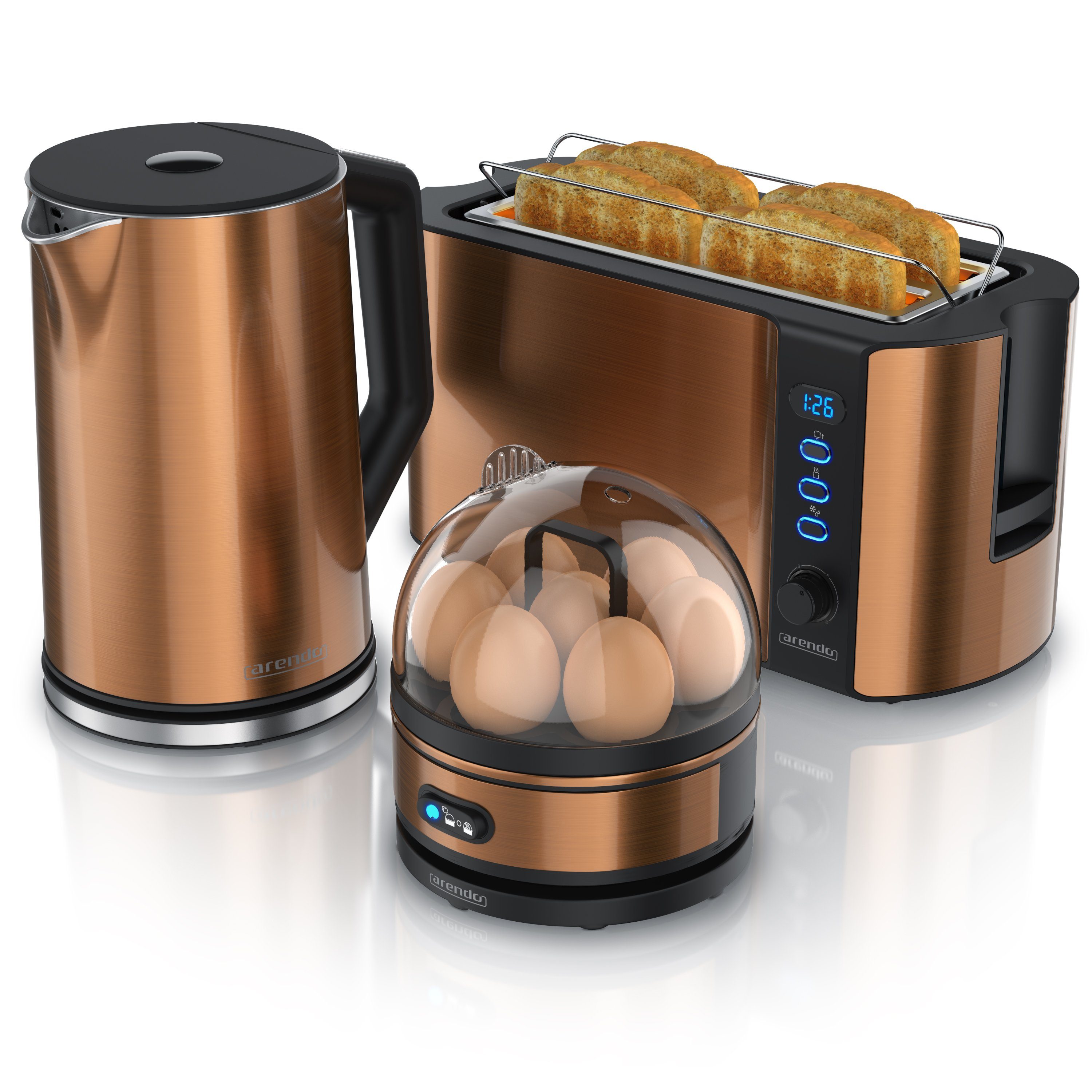 Toaster, (3-tlg), Eierkocher, Kupfer 1,5l, Wasserkocher 7er Arendo 4-Scheiben Frühstücks-Set