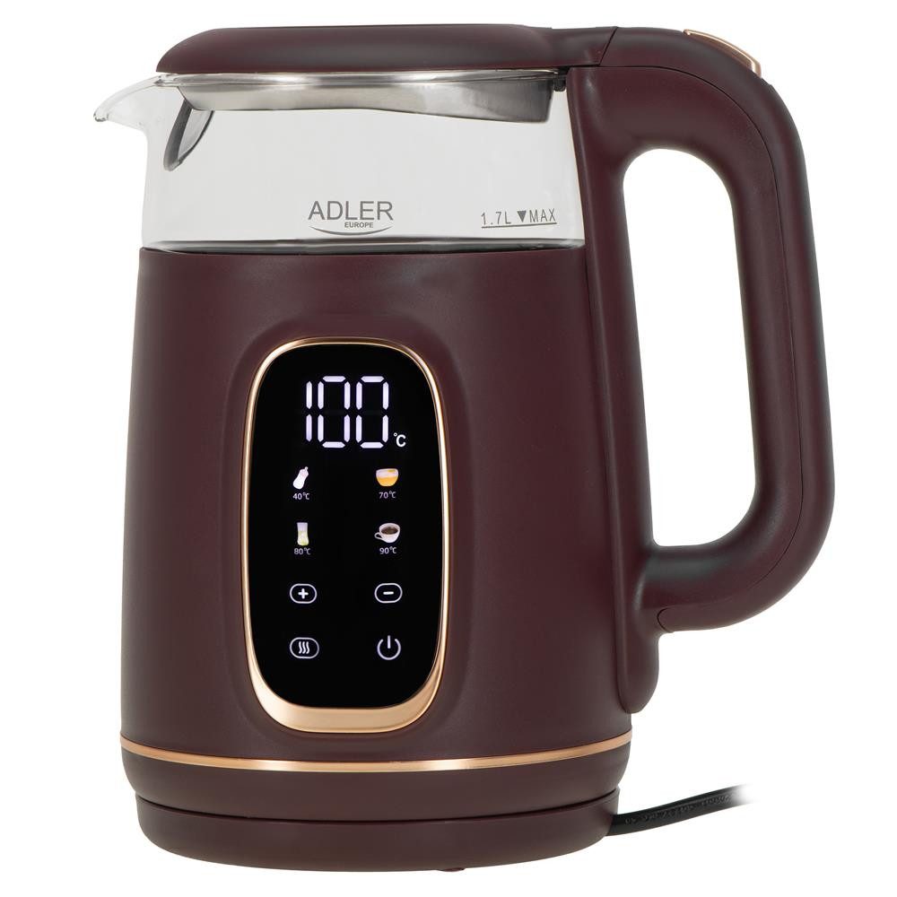 Adler Wasserkocher AD 1305, 2200 W, Glas, mit LED Anzeige, Temperaturregelung, 1,7L, burgunderrot