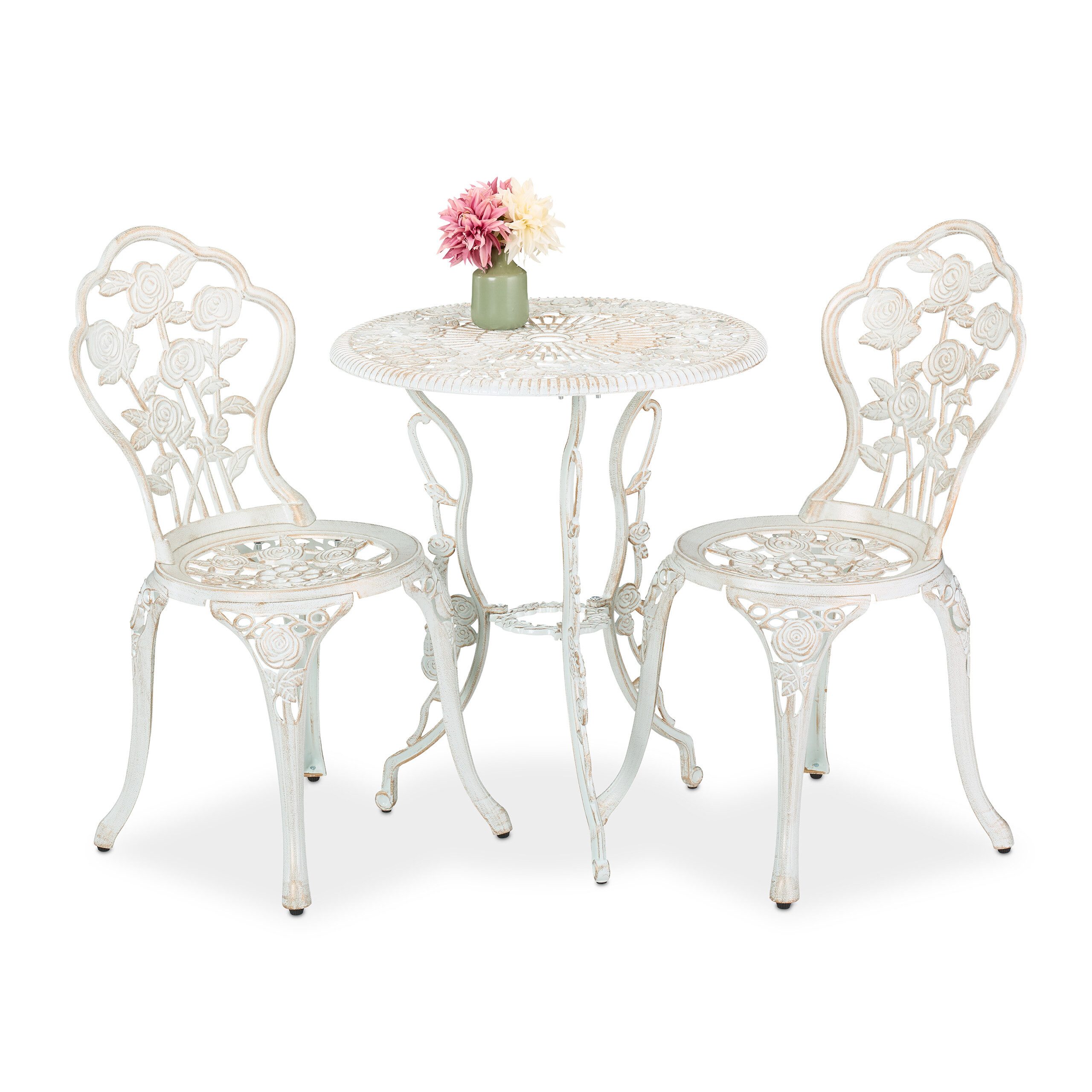 relaxdays Balkonset 3-teiliges Gartenmöbel Set, (1 Tisch, 2 Stühle), Weiß-Bronze