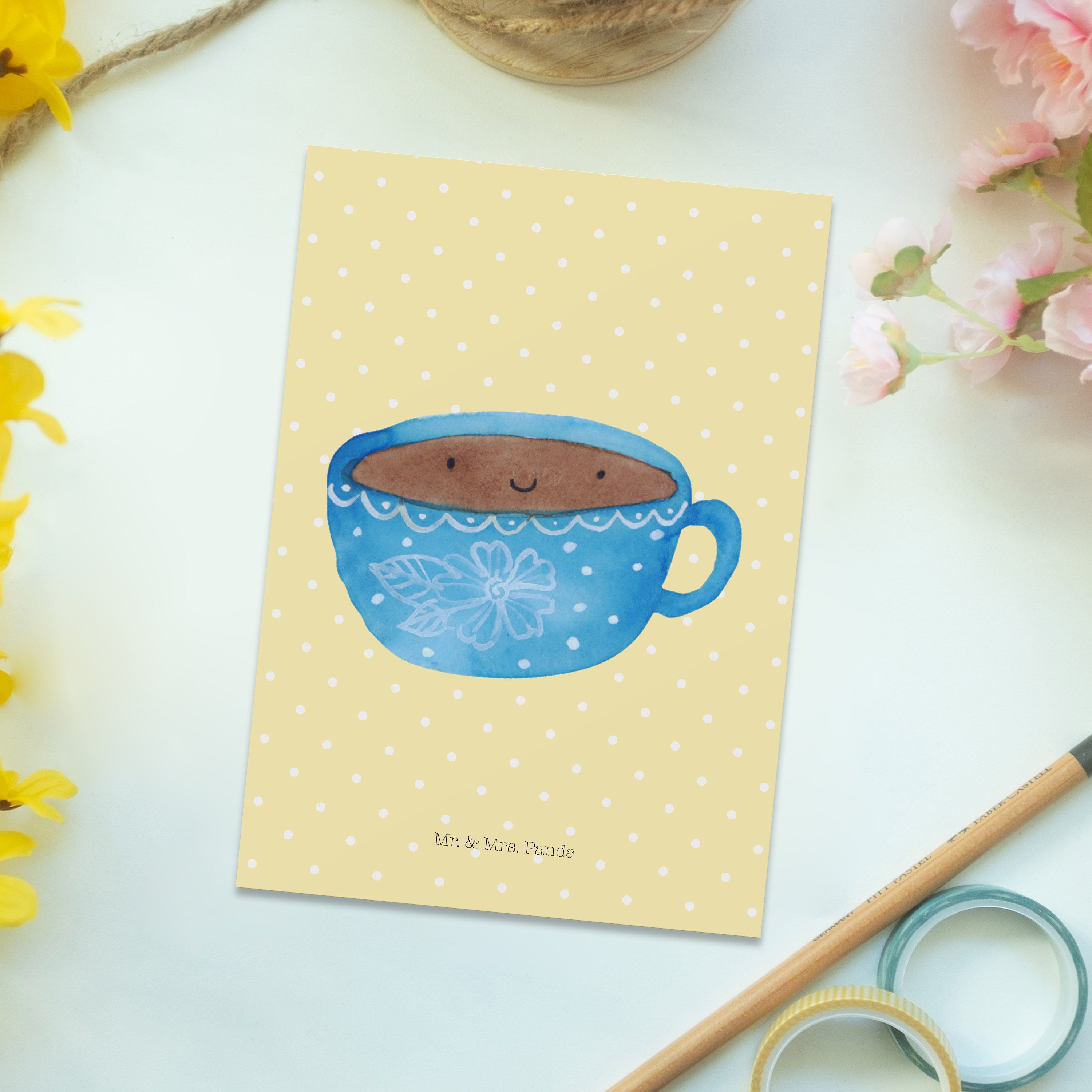 Kaffee - Pastell Karte, Geschenk, Geburtstagskarte, Tasse Panda & - Postkarte Einl Mrs. Mr. Gelb