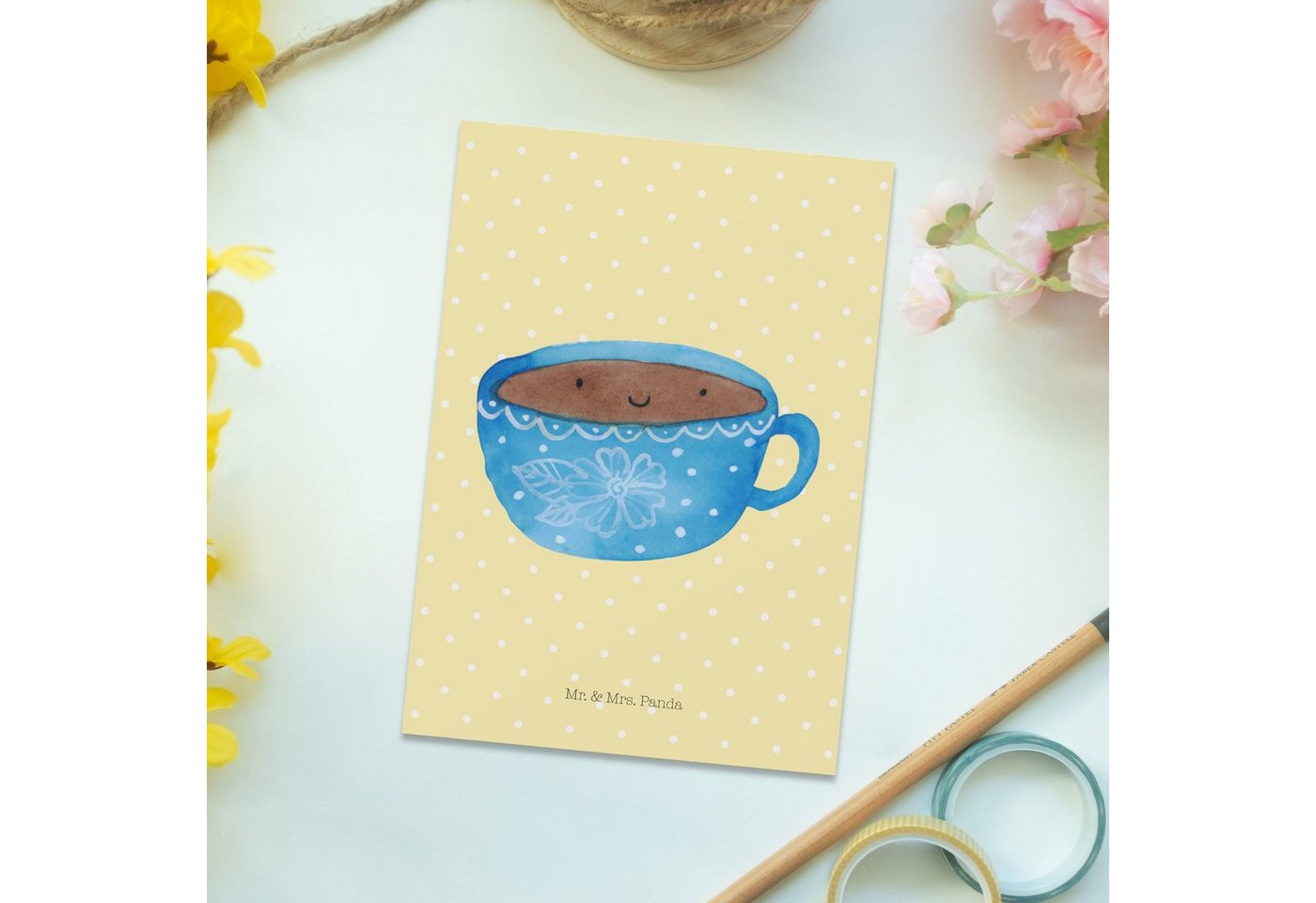 Thumbnail - Mr. & Mrs. Panda Postkarte Kaffee Tasse - Gelb Pastell - Geschenk, Postkarte, Einladungskarten G, Hochglanzveredelt