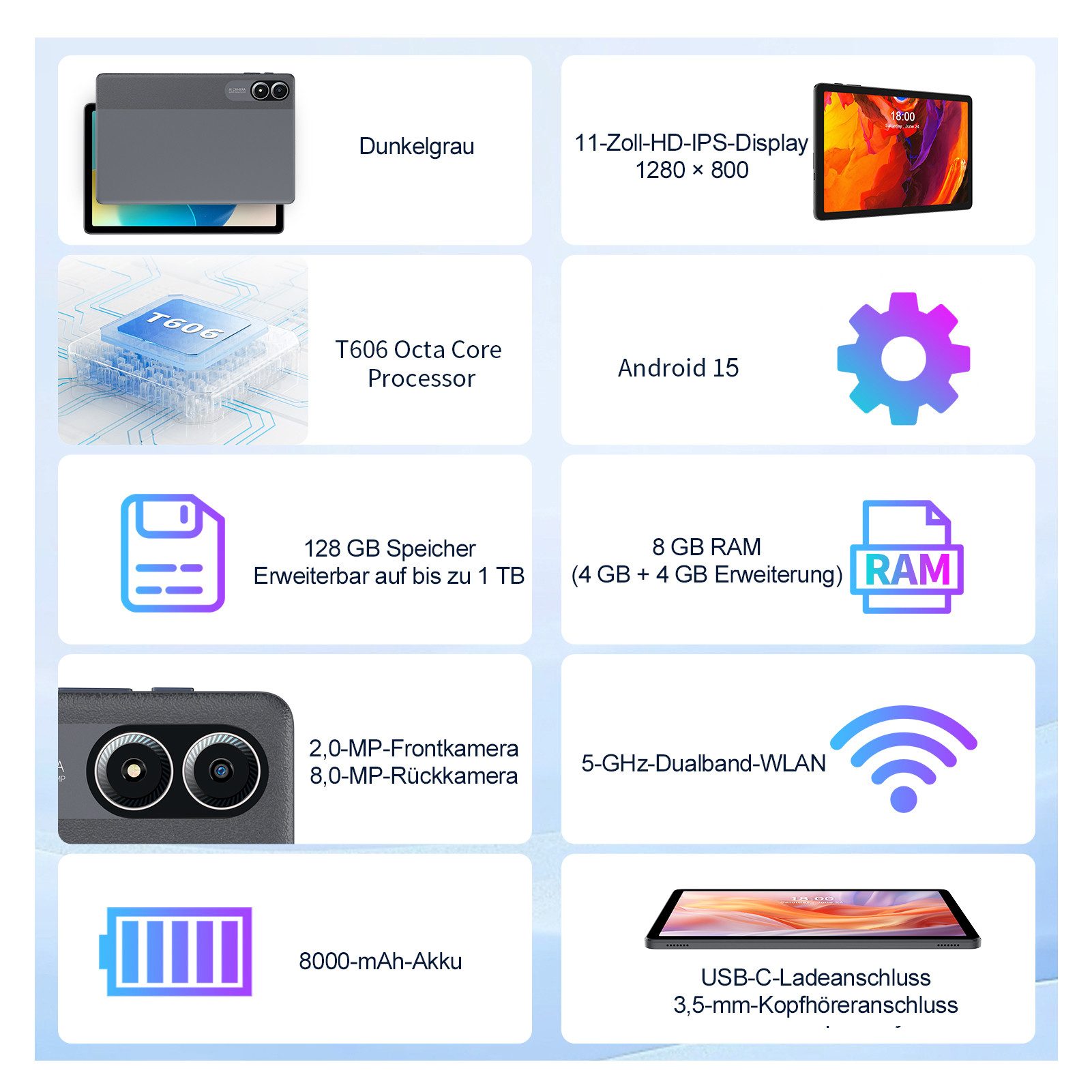 VASOUN TAB15 Lite Tablet 11 Zoll,128 GB,8000 mAh Akku mit 18W Schnellladung Tablet (11", 128 GB, Android-Betriebssystem, ( 5G WiFi13MP,FHD Display,zwei Lautsprecher) grau