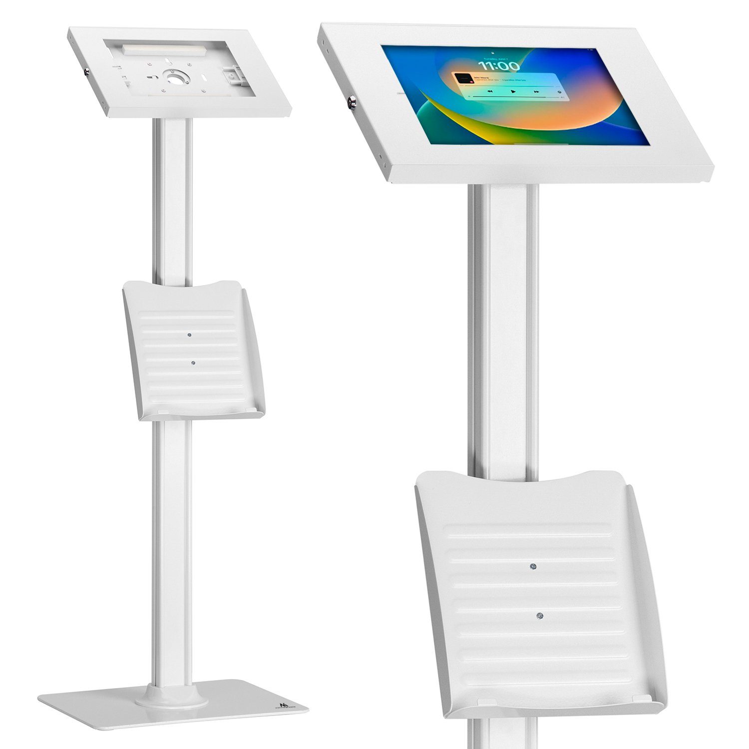 Maclean Tablet-Halterung MC-476W mit Diebstahlschutz Bodenständer bis 11 Zoll, (bis 11,00 Zoll, Höhenverstellbar, 360° Drehbar, Standfuß für iPad & Tablets, Weiß)