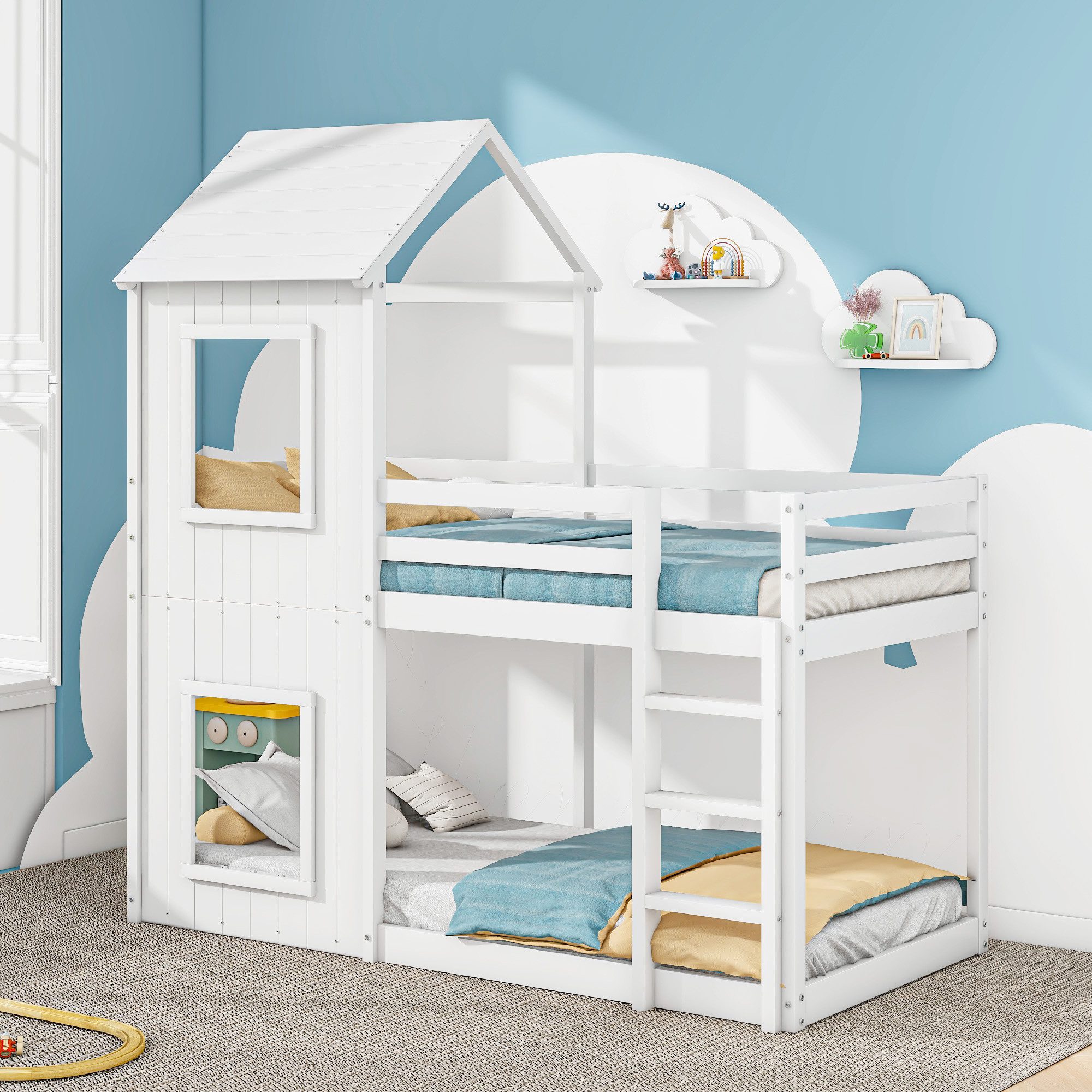 Flieks Etagenbett, Hochbett mit Treppe Hausbett günstig online kaufen