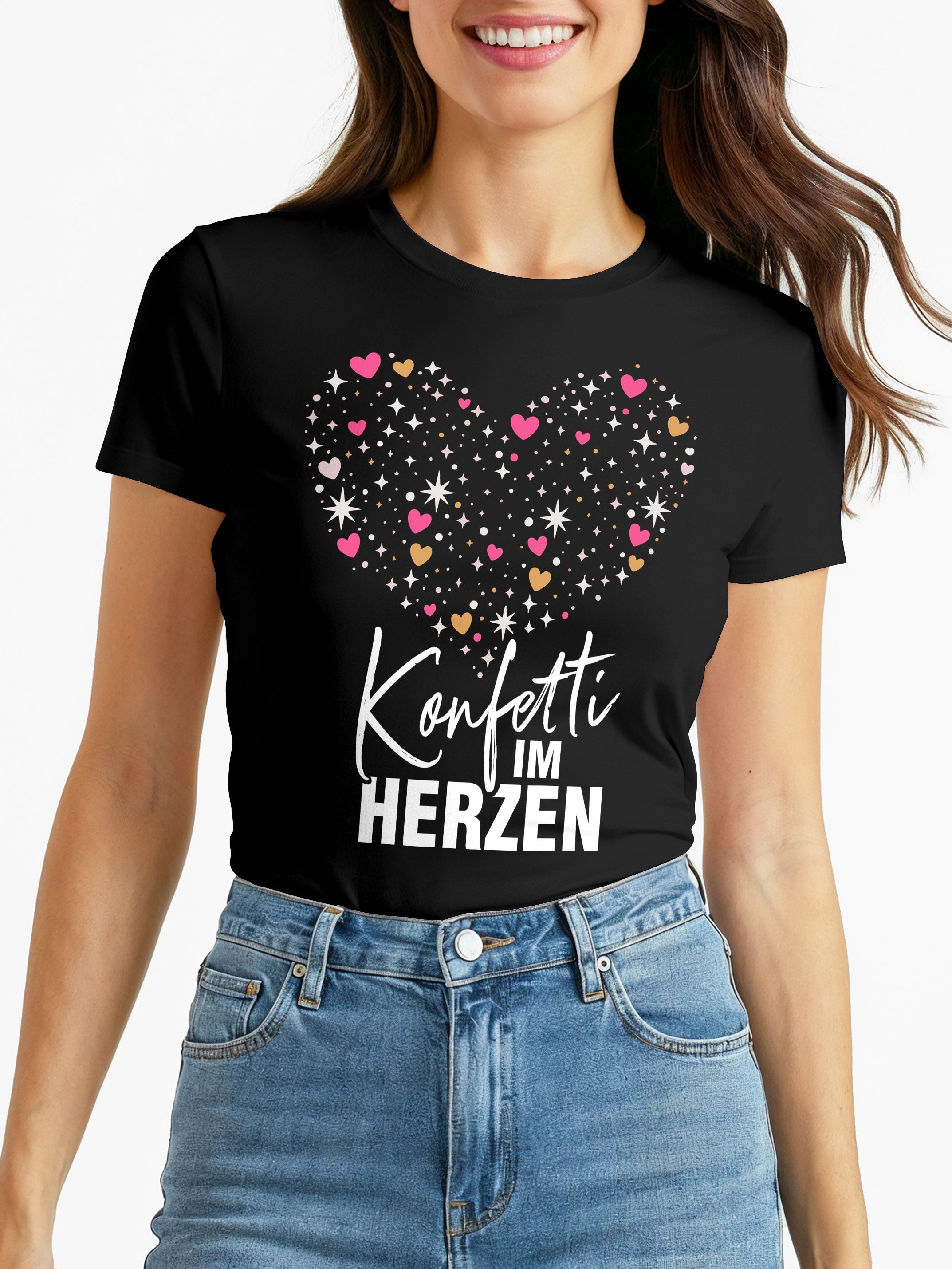 Print-Shirt Damen T-Shirt - Konfetti im Herz - Fasching Karneval Ersatz