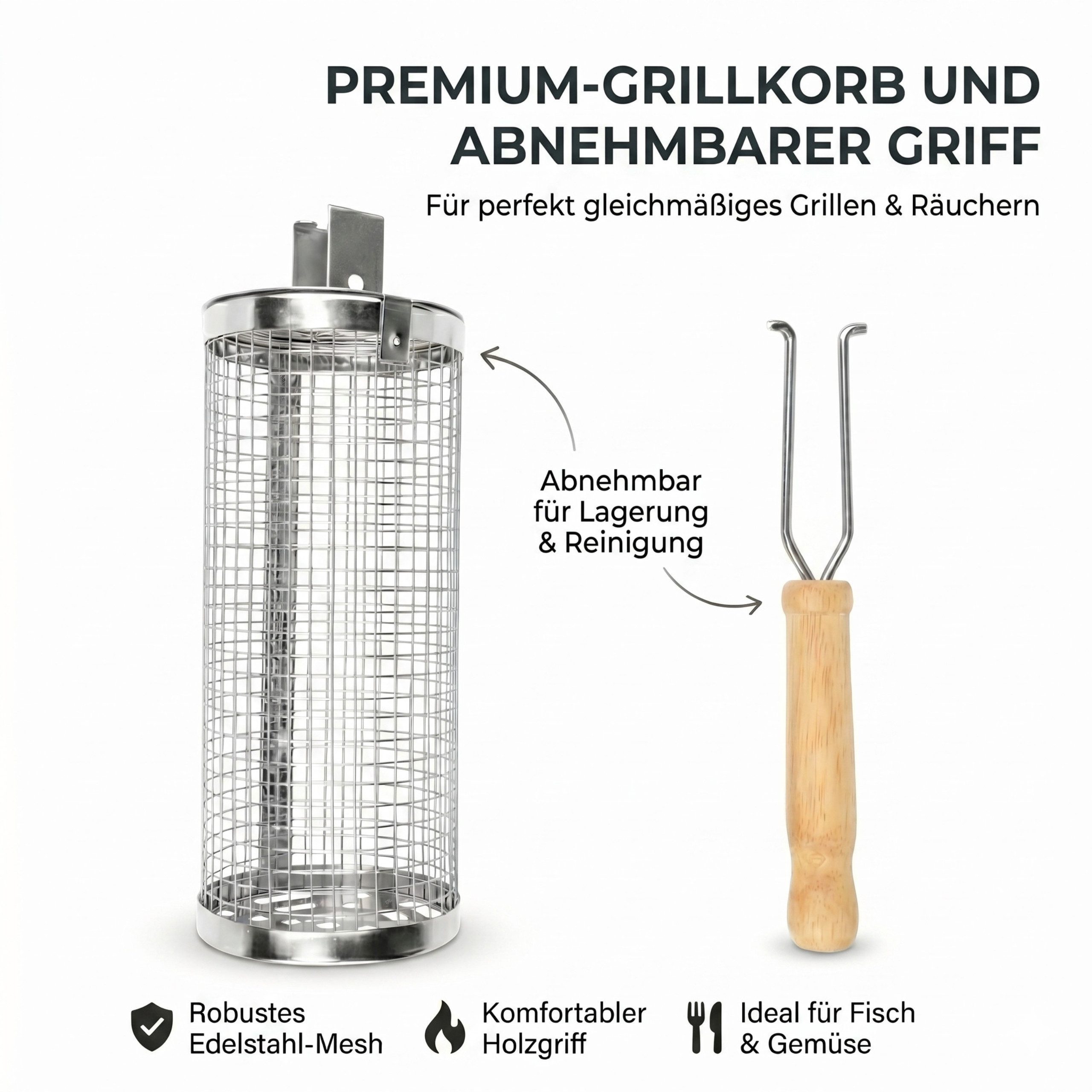 Grill-Welten Grillbesteck-Set Grill Welten Grillkorb Edelstahl BBQ Grillkorb 20 cm mit Holzgriff – Bild 4 von 5
