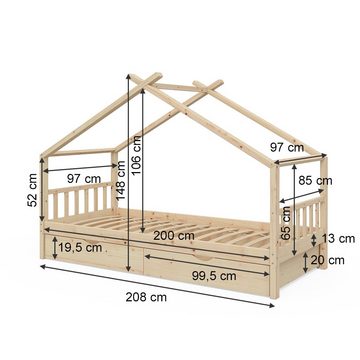 VitaliSpa® Kinderbett Hausbett Kinderhaus 90x200cm DESIGN Natur Schublade Matratze