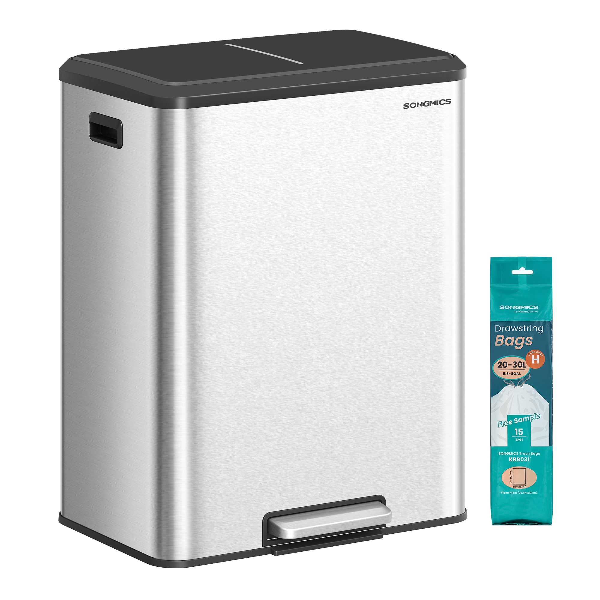 SONGMICS Mülleimer 2 Fächer für Recycling und Restmüll, Abfalleimer, Inneneimer, Stahl, Softclose-Deckel, breites robustes Pedal, Mülltrennsystem 2 x 30 L