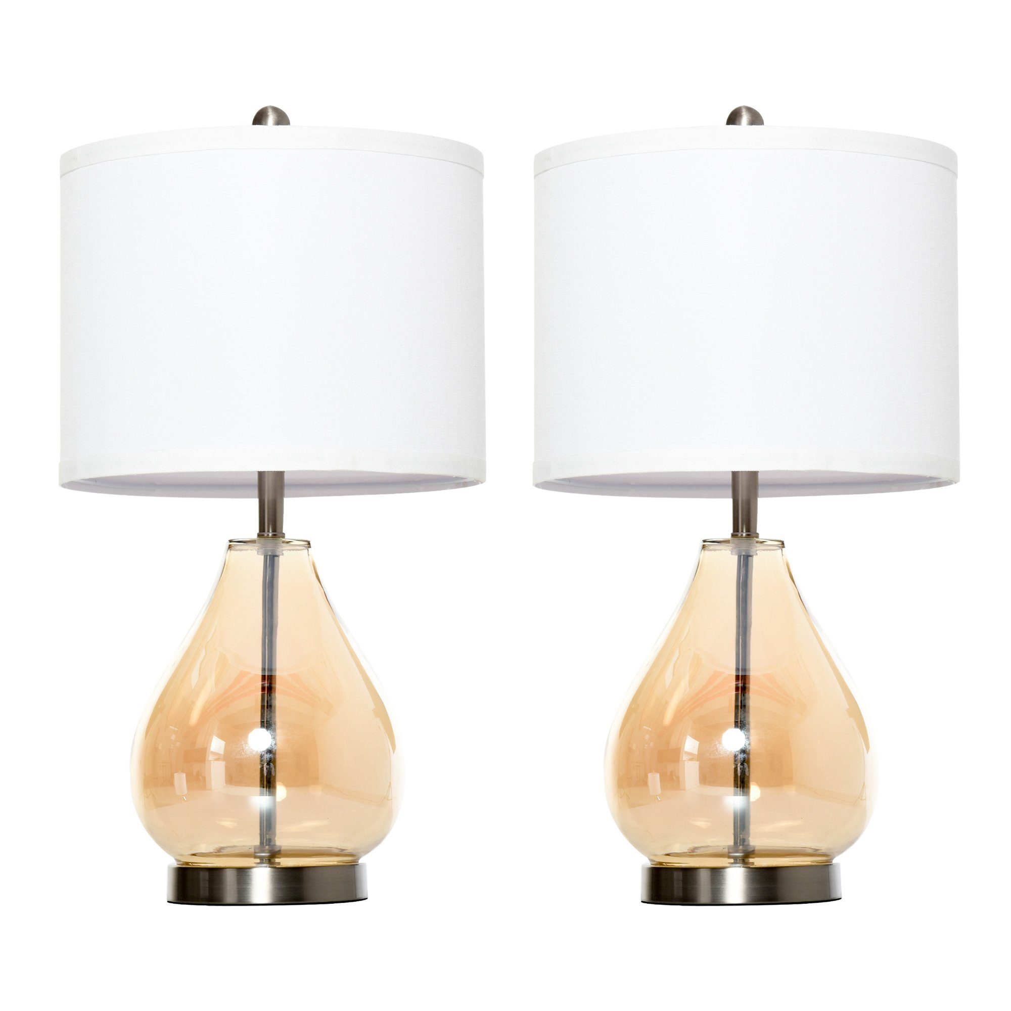 HOMCOM Tischleuchte Nachttischlampe, Ein-,Ausschalter, 1 x E27 (nicht im Lieferumfang enthalten), 2-Set Tischlampen E27 Nachttischlampe Leinen Glas Bernstein