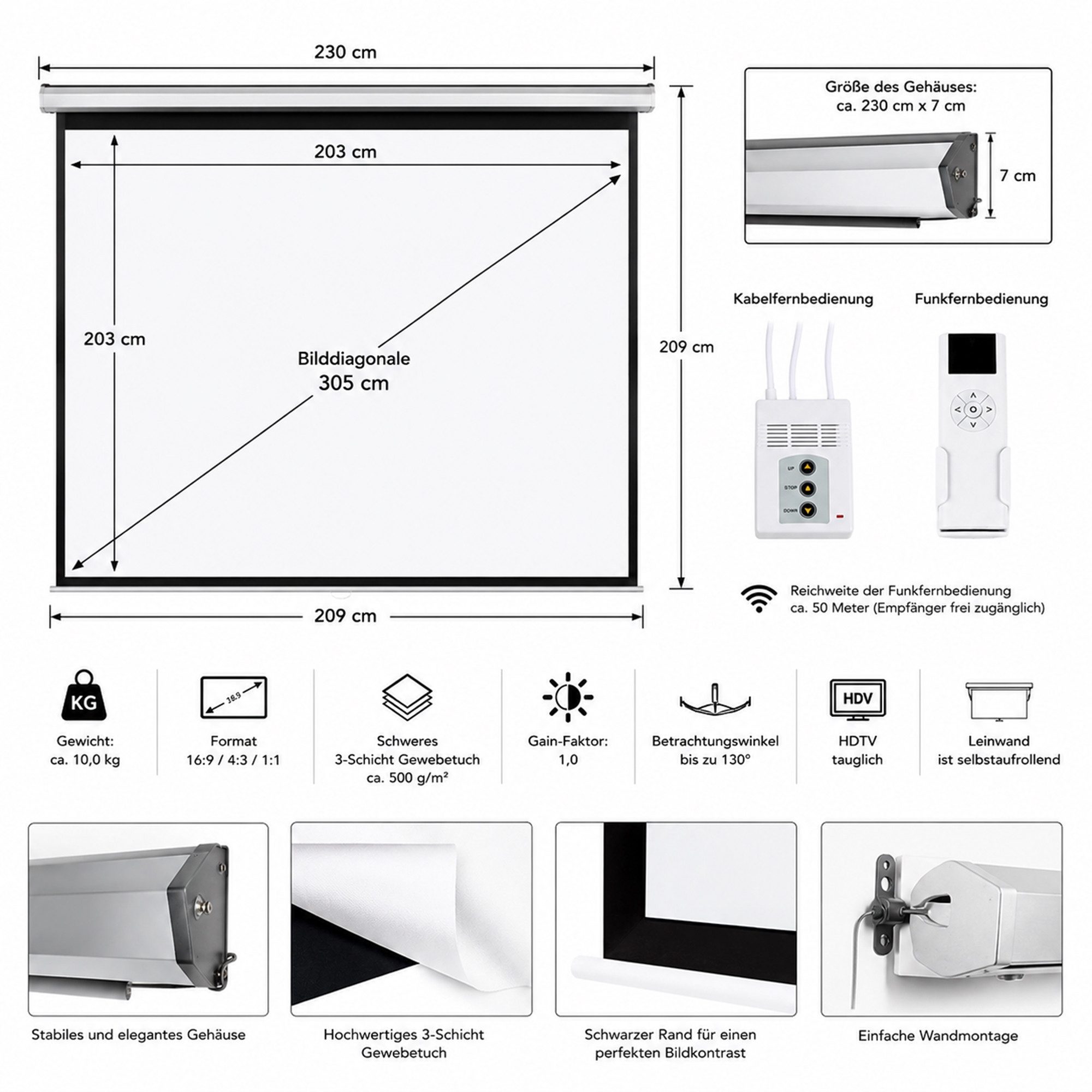 Mucola 203x203cm MOTOR LEINWAND BEAMER FFB HEIMKINO BEAMERLEINWAND 120 Motorleinwand (Schweres 3-Schicht Gewebetuch ca.500 g/m)