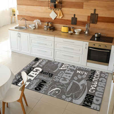 Küchenläufer Küchenteppich Grau Trendiger Kaffee Teppich, Vimoda, Rechteckig, Höhe: 5 mm, Muster Kaffee, Kaffeetasse, Cappuccino