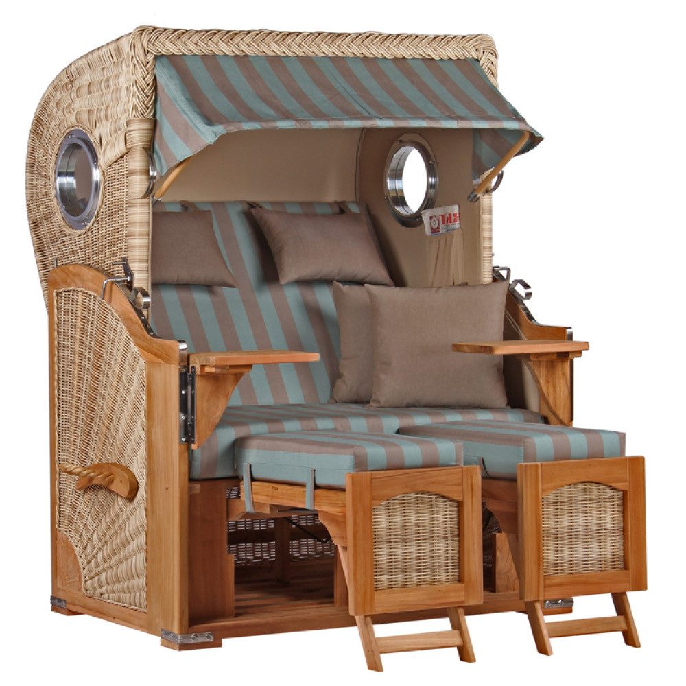MR.DEKO Strandkorb Düne Bullauge Teak PE Shell Dessin 520, BxTxH: 125x80x170 cm, Ostsee-Strandkorb, Bullaugen, 2-Sitzer, komplett montiert, Volllieger, 2 Schwenktische