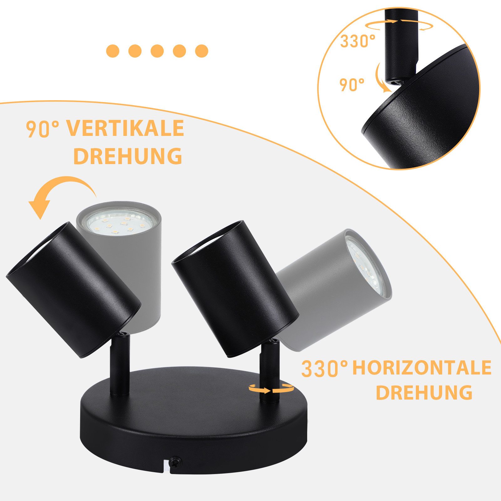 ZMH Deckenstrahler 2 Flammig Rund Deckenlampe Schwenkbar 330° Modern für Wohnzimmer, Einfache Installation, ohne Leuchtmittel, Schwarz 90° gedreht Wandstrahler für Schlafzimmer Küche