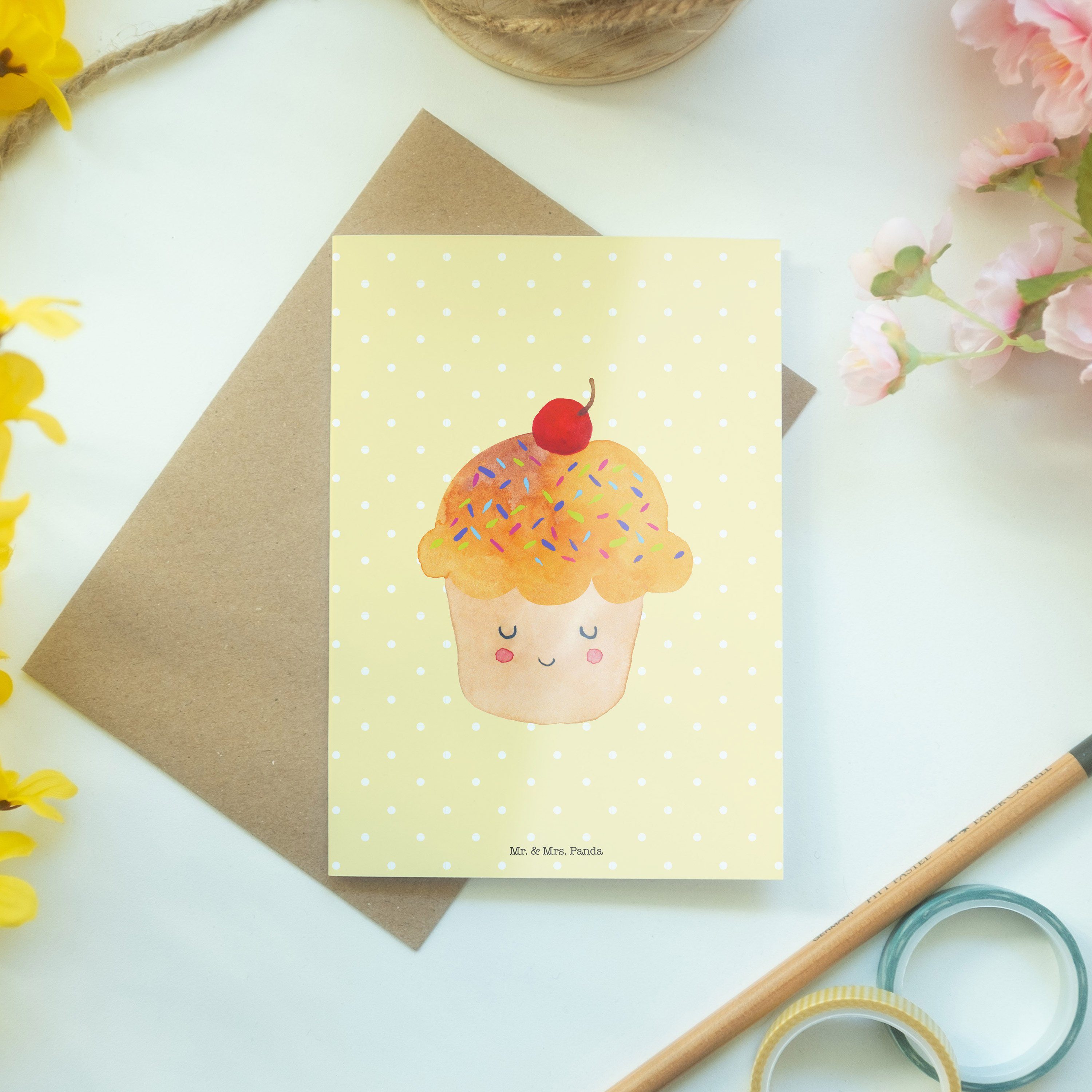 Mr. & Mrs. Panda Tiere, Muffin, - Gelb Pastell - Laune Geschenk, Karte, Grußkarte Gute Cupcake