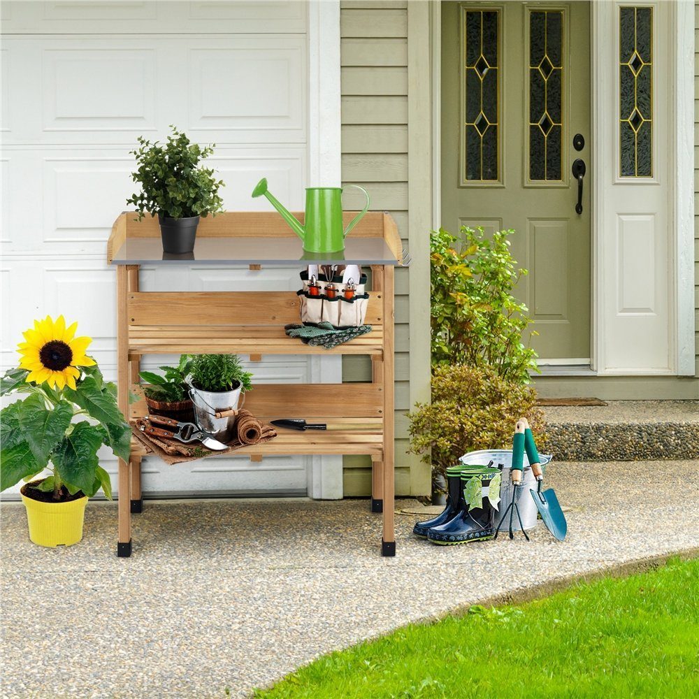 Yaheetech Pflanztisch 3-Schichtiger Pflanztisch mit verzinkter Arbeitsplatte, Outdoor wetterfest, Gärtnertisch 77 × 37 × 90 cm