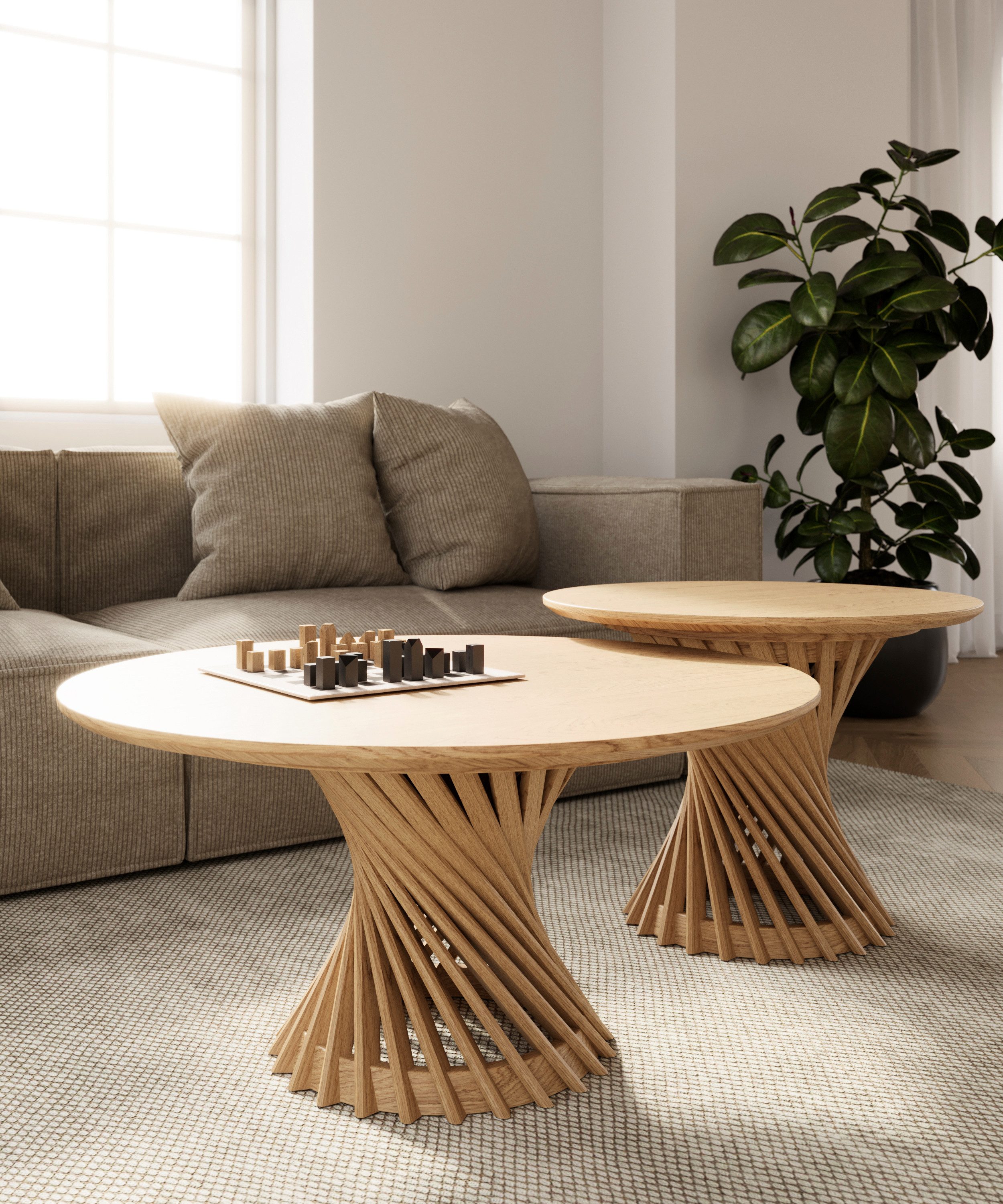 Woodek Design Couchtisch Runder Couchtisch EMMA aus massiver Eiche natur, 80 cm (Skulpturaler Mittelfuß, 1-St., natur matt lackiert), handgefertigt