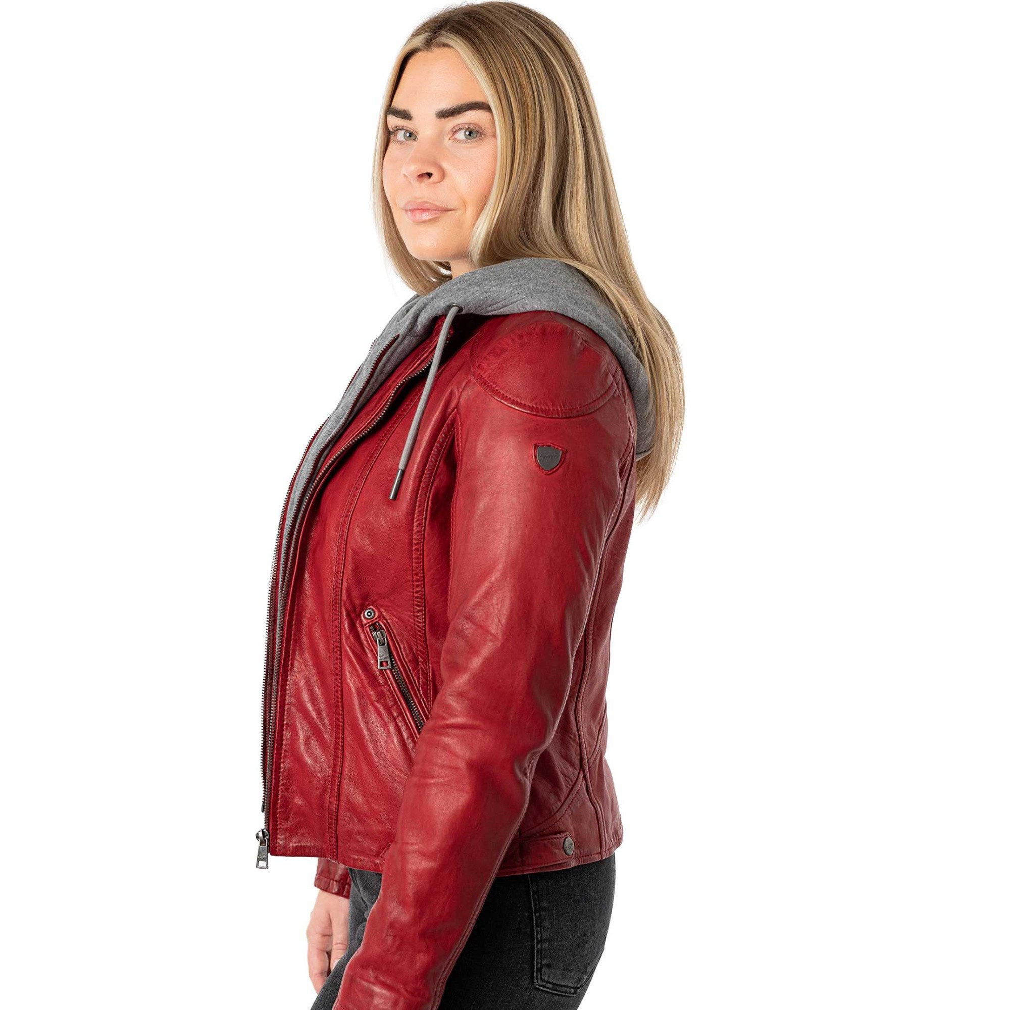 Mauritius Lederjacke MWAmmy Mauritius - Damen Lederjacke Lammnappa Kapuze rot