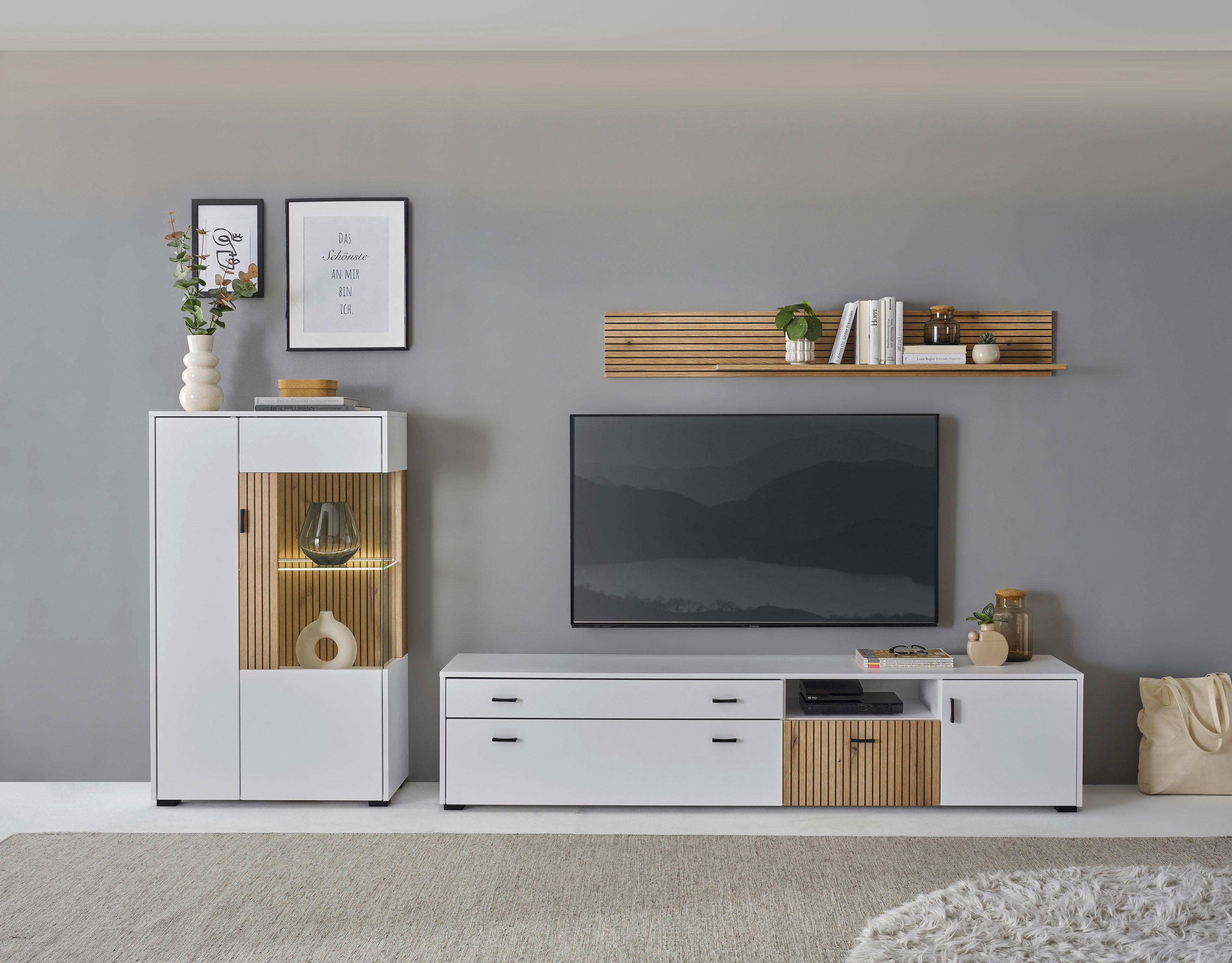 Home affaire Wohnwand HUDSON, (Set, 3-St), mit moderner Rillenoptik, Griffe aus Metall (Schwarz), Breite 285 cm