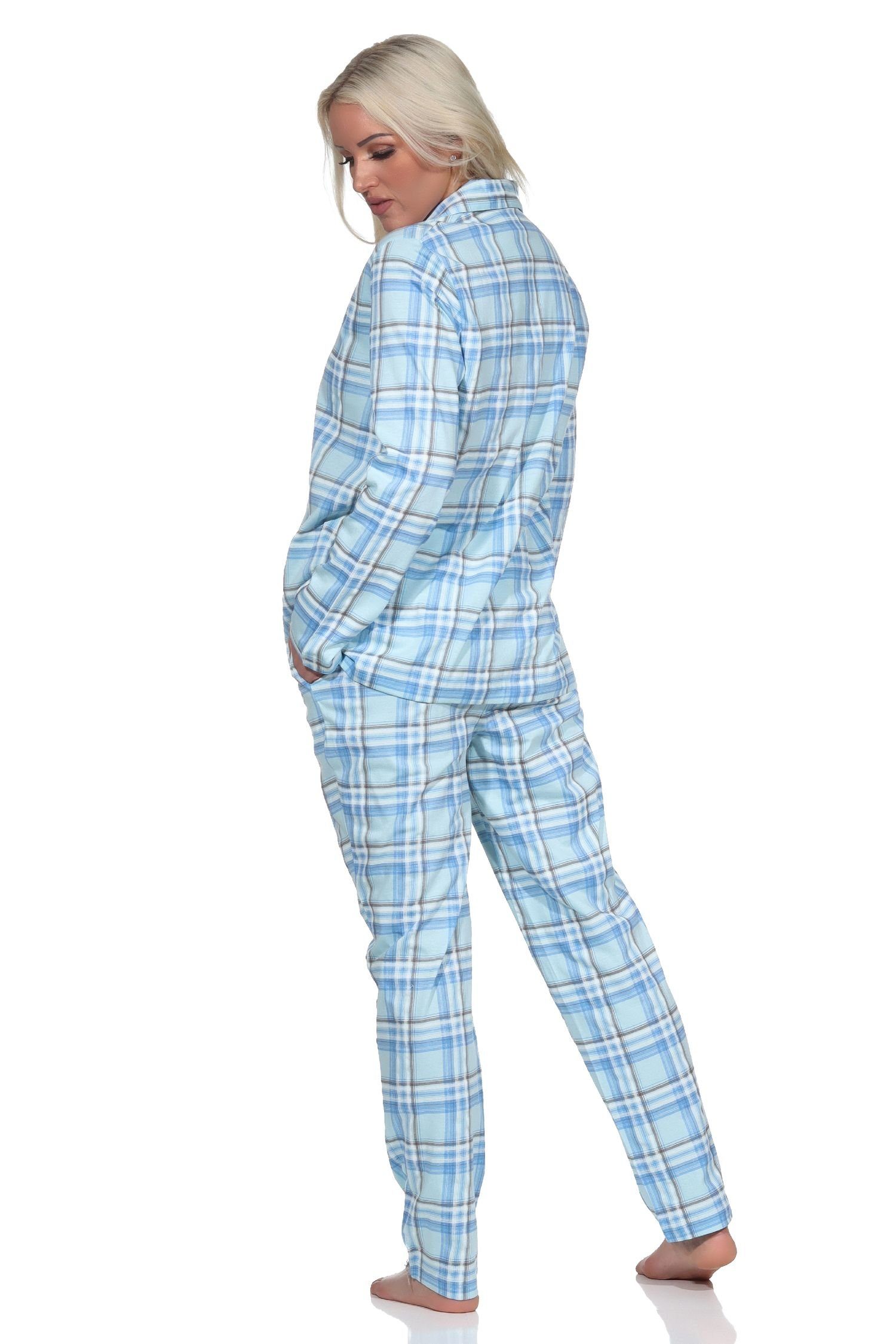 Normann Pyjama Damen Pyjama zum durchknöpfen helltürkis Single Optik Jersey Karo in aus