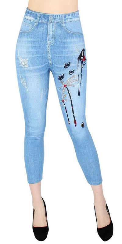 dy_mode 7/8-Leggings Bequemer Damen Capri Jeggings 7/8 Leggings Jeans Optik Sommer Jeggins mit elastischem Bund, mit Kunstperlen Verzierungen