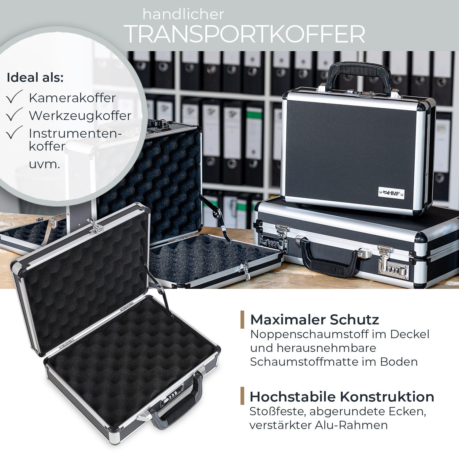 HMF Aufbewahrungsbox Transportkoffer mit Noppenschaumstoff im Deckel und Boden, Universalkoffer mit Zahlenschloss, 31 x 26 x 11 cm