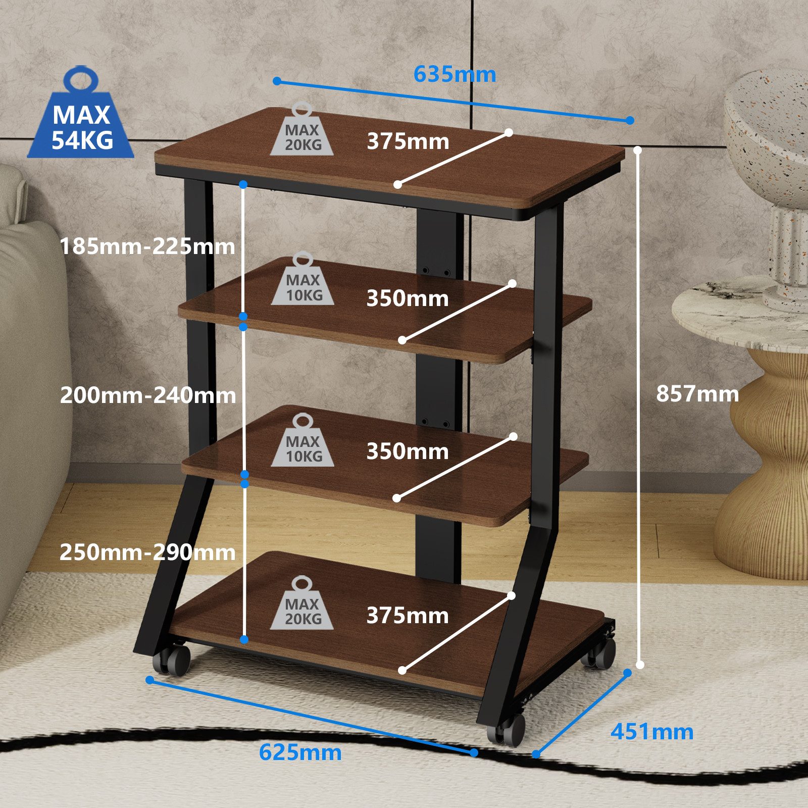5Rcom TV-Ständer 4-stufiges Hi-Fi-Audio-Rack und -Ständer, Audio-Ständer, AV-Ständer, (1-tlg., mobiler Ständer mit schwenkbaren Rollen und 54 kg Tragkraft) – Bild 2 von 5