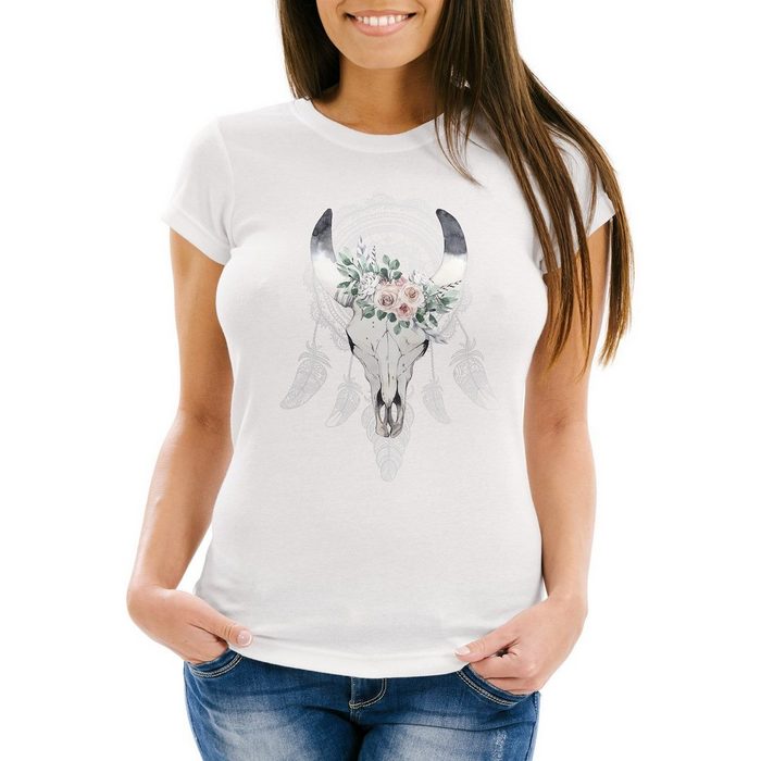 Neverless Print-Shirt Damen T-Shirt Boho Skull Totenkopf Schädel Traumfänger Dreamcatcher Bohamien Slim Fit Neverless® mit Print