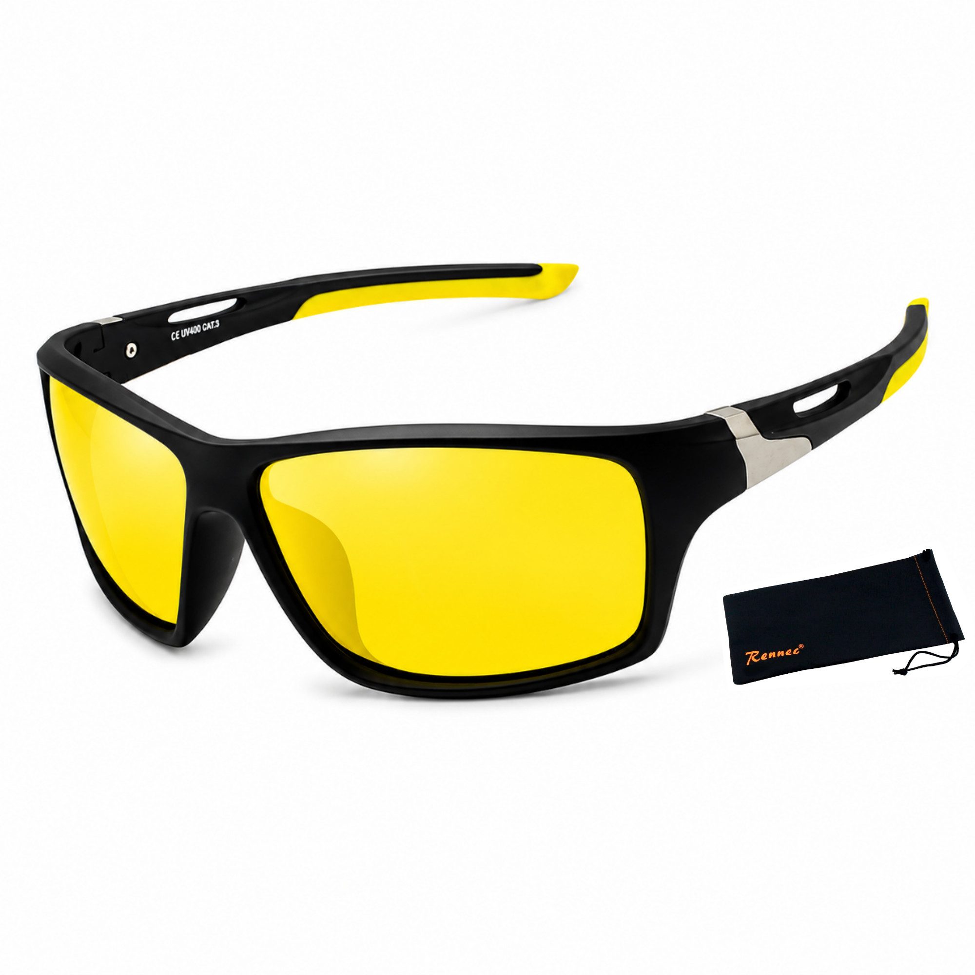 Rennec Sonnenbrille Herren Polarisiert Gelb Getönt Night Vision Nachtfahrbrille Wrap Around Rahmen Schwarz Matt Gläser Gelb UV400 cat.1 Brillenbeutel