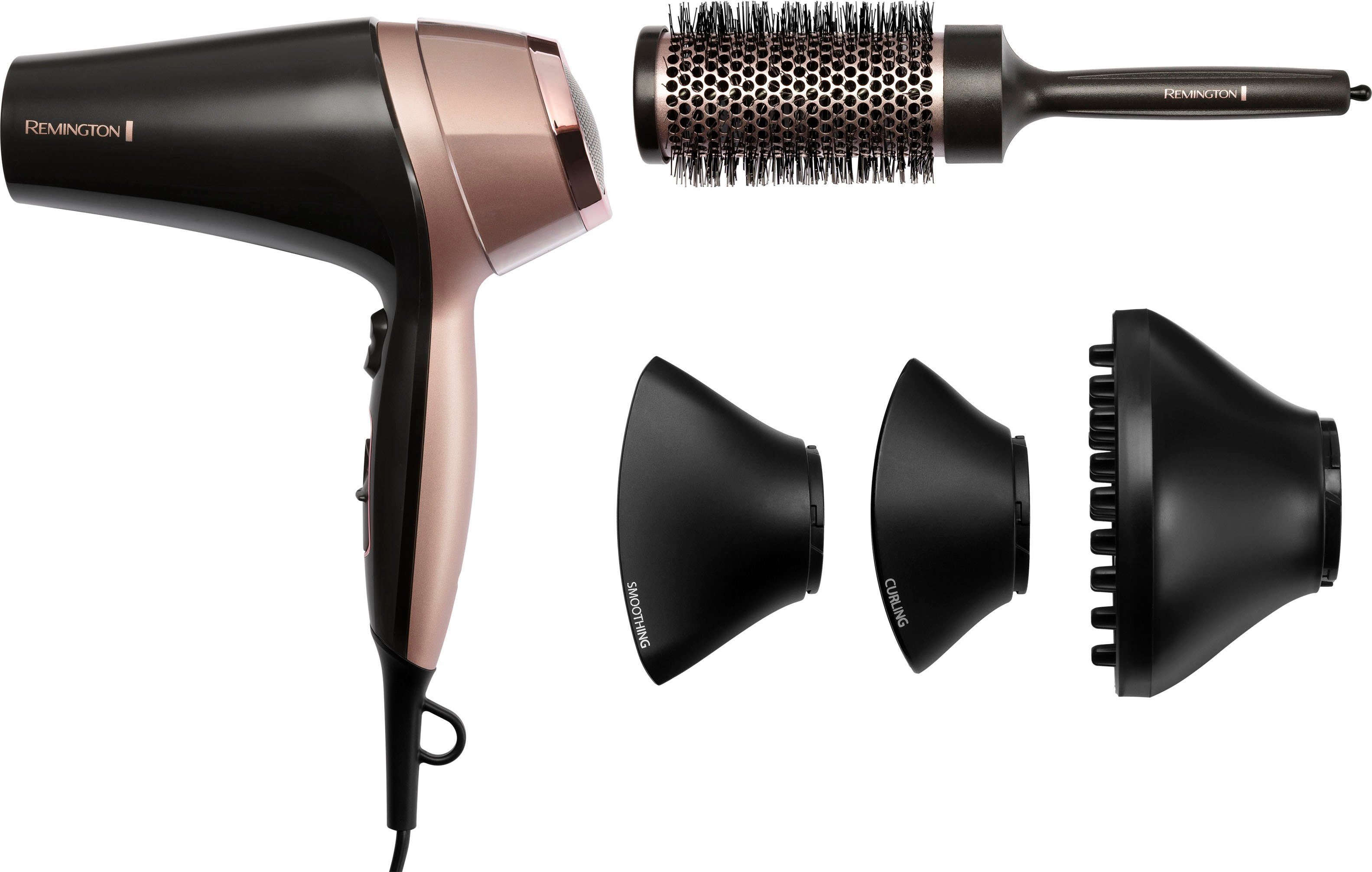 Remington Haartrockner Curl & 2.200 Watt, Diffusor Ionenpflege, Stylingdüse, (D5706), W, Confidence inkl. Straight & Rundbürste 2200