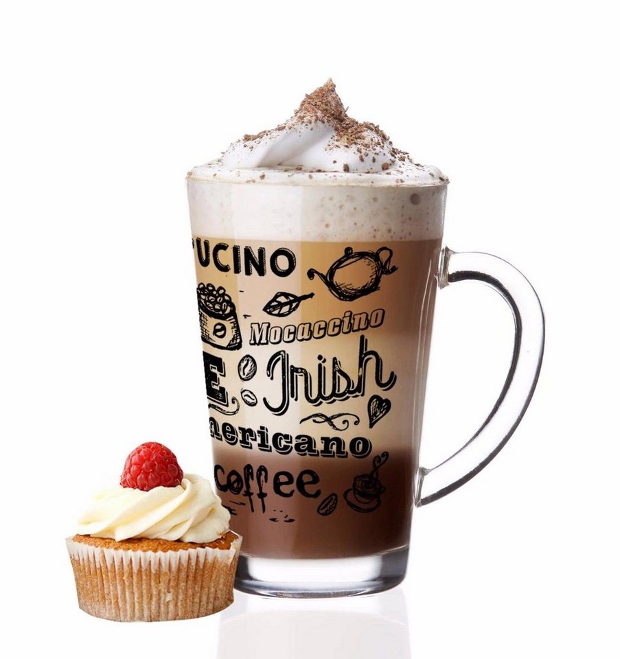 Sendez Gläser-Set 6 Latte Macchiato Gläser 300ml mit Kaffee-Aufdruck, 6-tlg., Glas