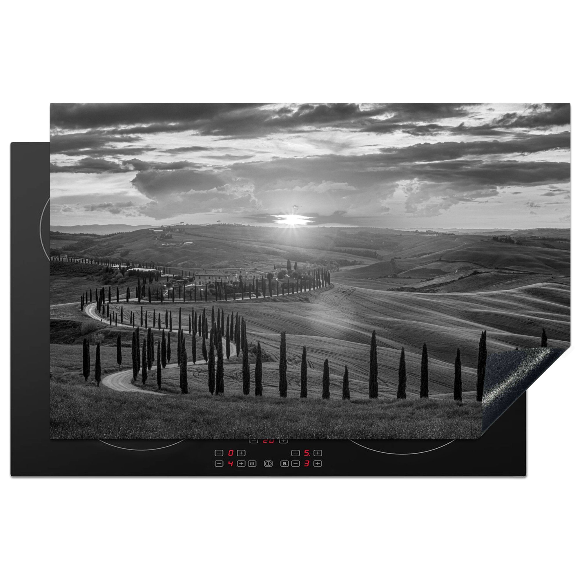 MuchoWow Herdblende-/Abdeckplatte Italien - Schwarz - Weiß - Toskana, Vinyl, (1 tlg), 81x52 cm, Induktionskochfeld Schutz für die küche, Ceranfeldabdeckung