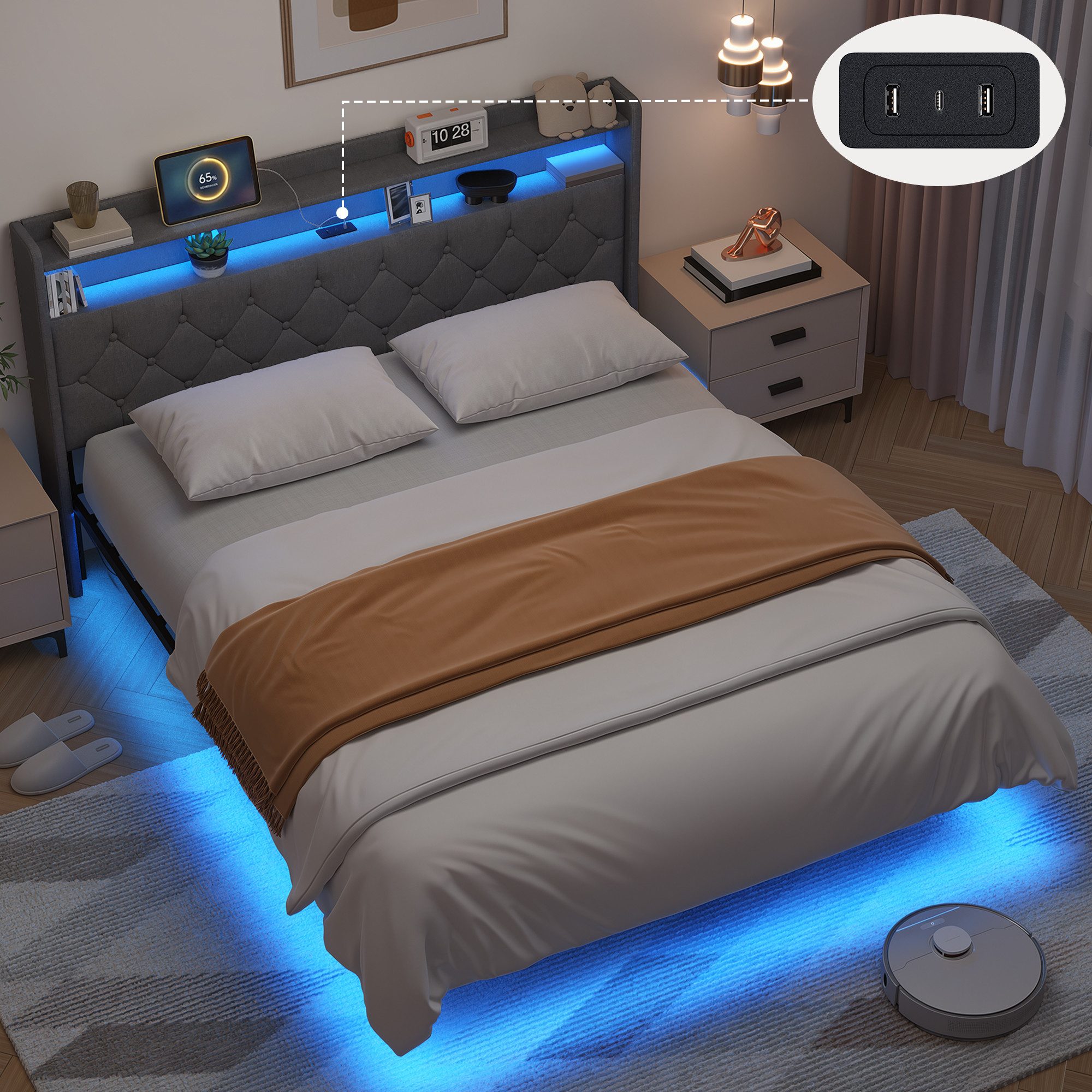Bealife Polsterbett Bettrahmen mit Ladestation und LED-Beleuchtung (2 Modelle (140x200, 160x200), Mit gepolstertem Kopfteil