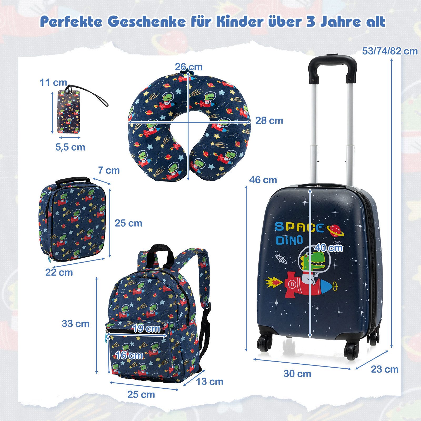 COSTWAY Kinderkoffer Set, 4 Rollen, 5 teiliges Trolley mit Handgepäck, Kissen