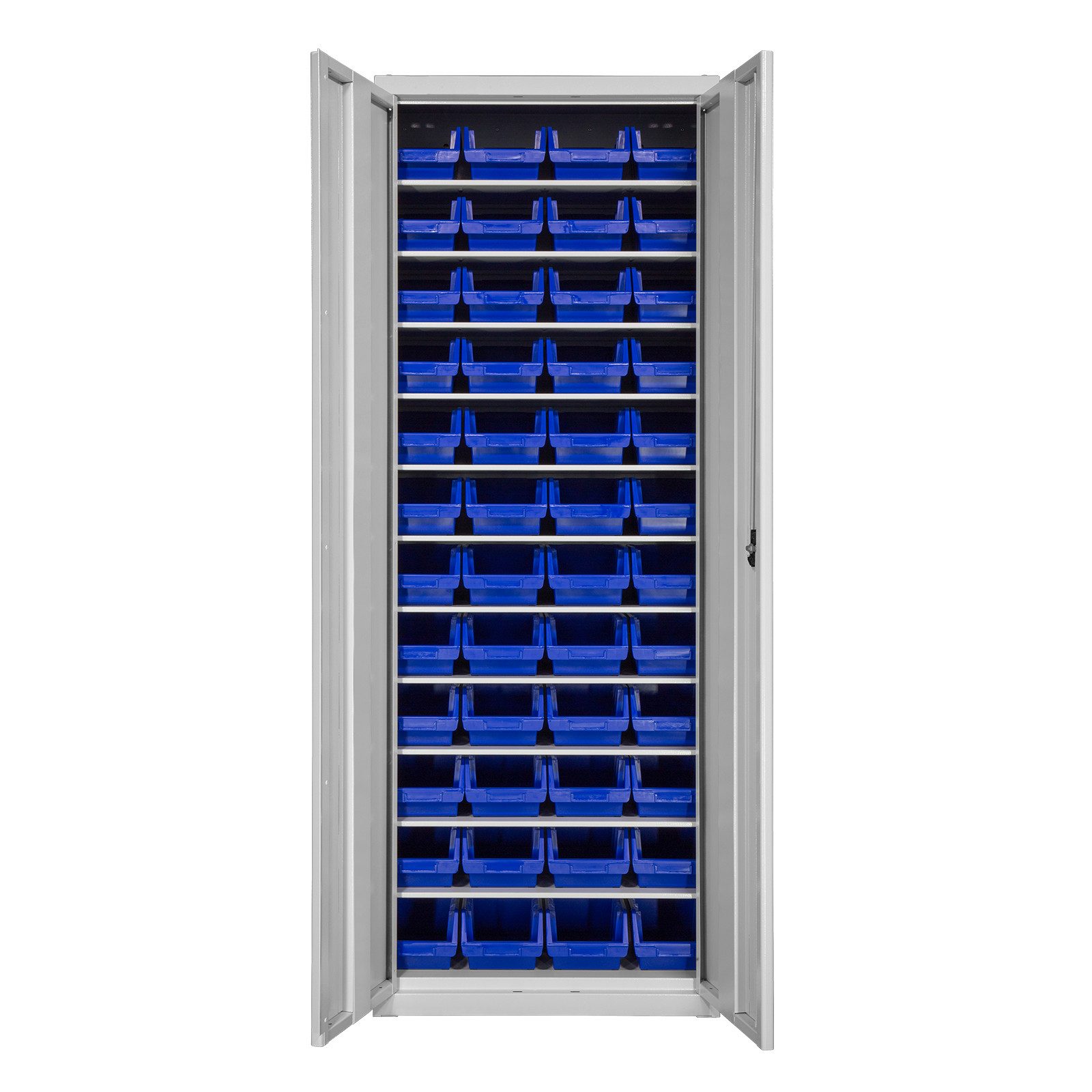 PROREGAL® Spind Flügeltürenschrank Owl mit 11 Fachböden + 48 Sichtlagerkästen, Grau