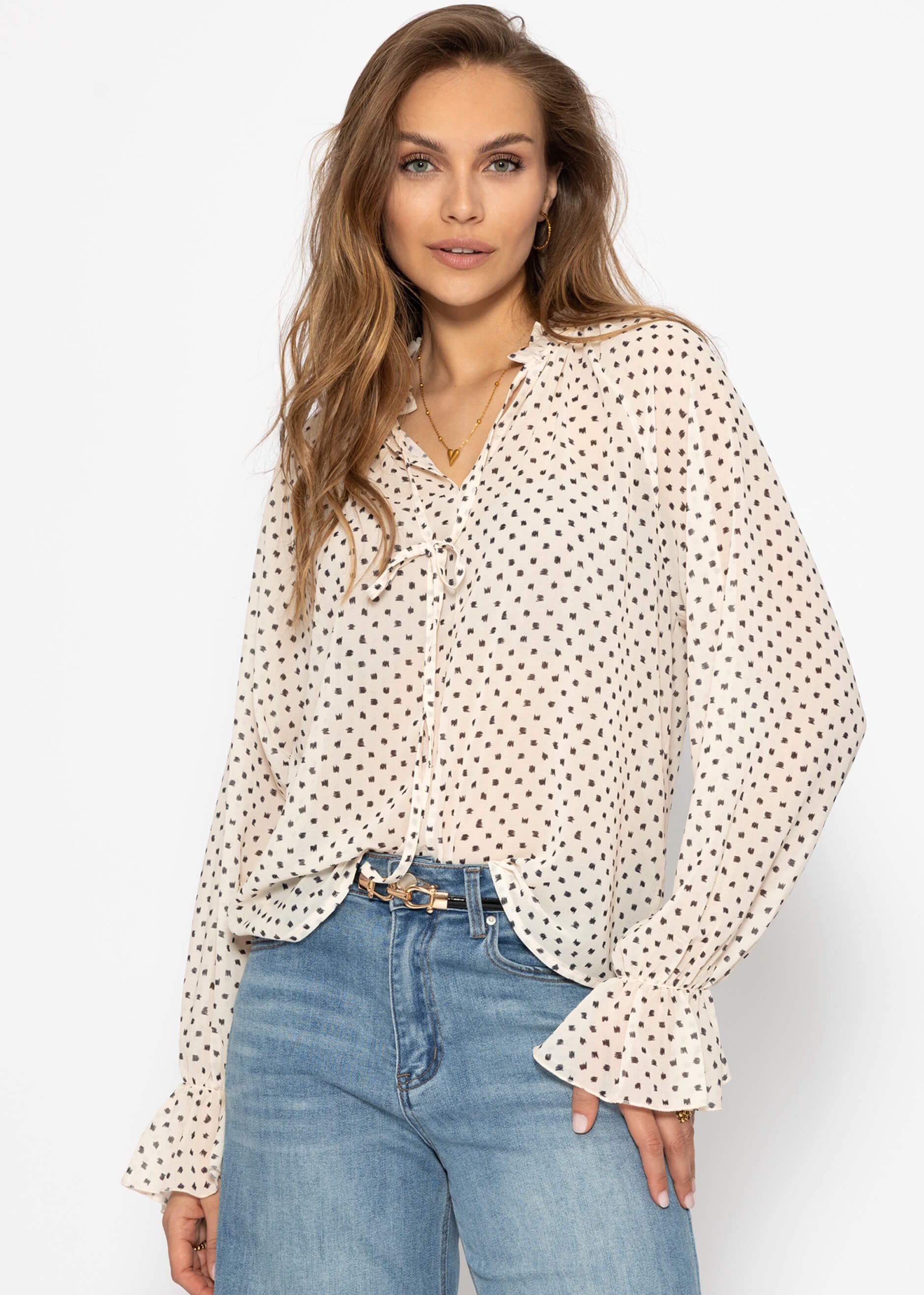 Langarmbluse Hemdbluse aus Chiffon mit Pünktchen-Print Elegant