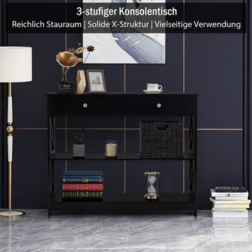 COSTWAY Konsolentisch, schmal, mit Schublade & Regal, 3 Ebenen, Holz, 100cm