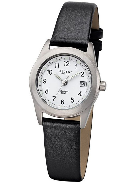 Regent Quarzuhr Regent Damen Uhr F-660 Leder Quarzwerk (Armbanduhr) Damen Armbanduhr rund klein (ca. 26mm) Titan Elegant