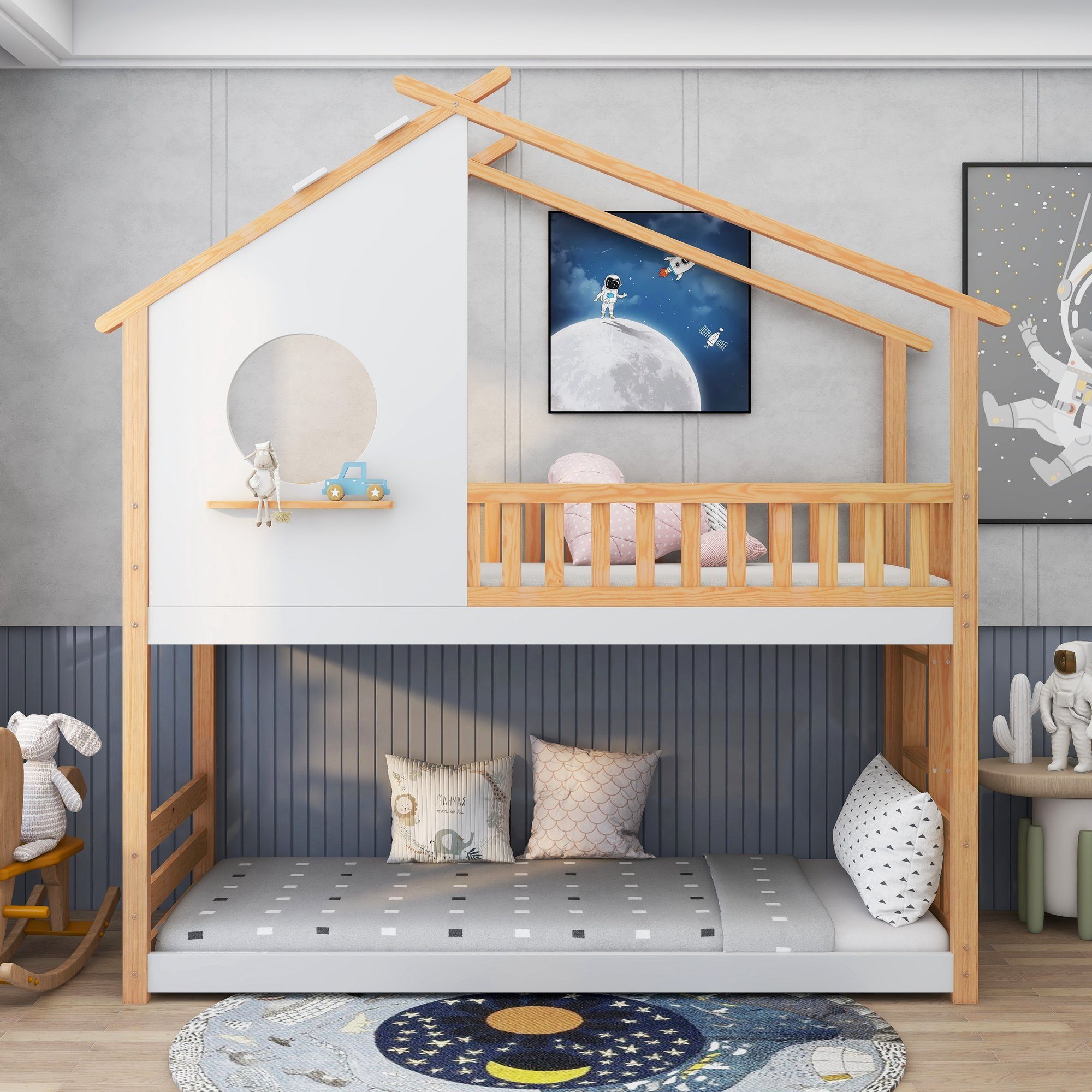 Ulife Kinderbett Hausbett, Etagenbett in Eiche hell & weiß mit Leiter & 2  Liegeflächen (Packung, 1 Bett), Mit einem dreieckigen Dach