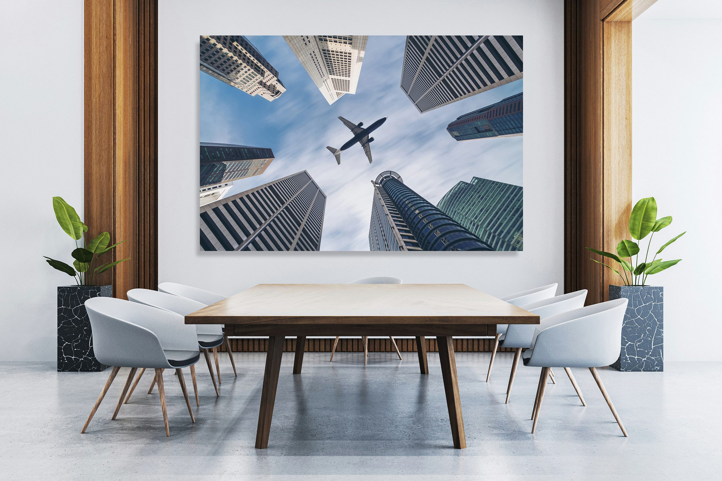 queence XXL-Wandbild Akustikbild Flugzeug Wolkenkratzer, Architektonische Elemente, Flugzeuge, Frankfurt am Main, Gebäude, Himmel, Himmelsbilder (1 St), Einfache Akustiklösung ohne Baumaßnahme, Schalldämmung, Paneele