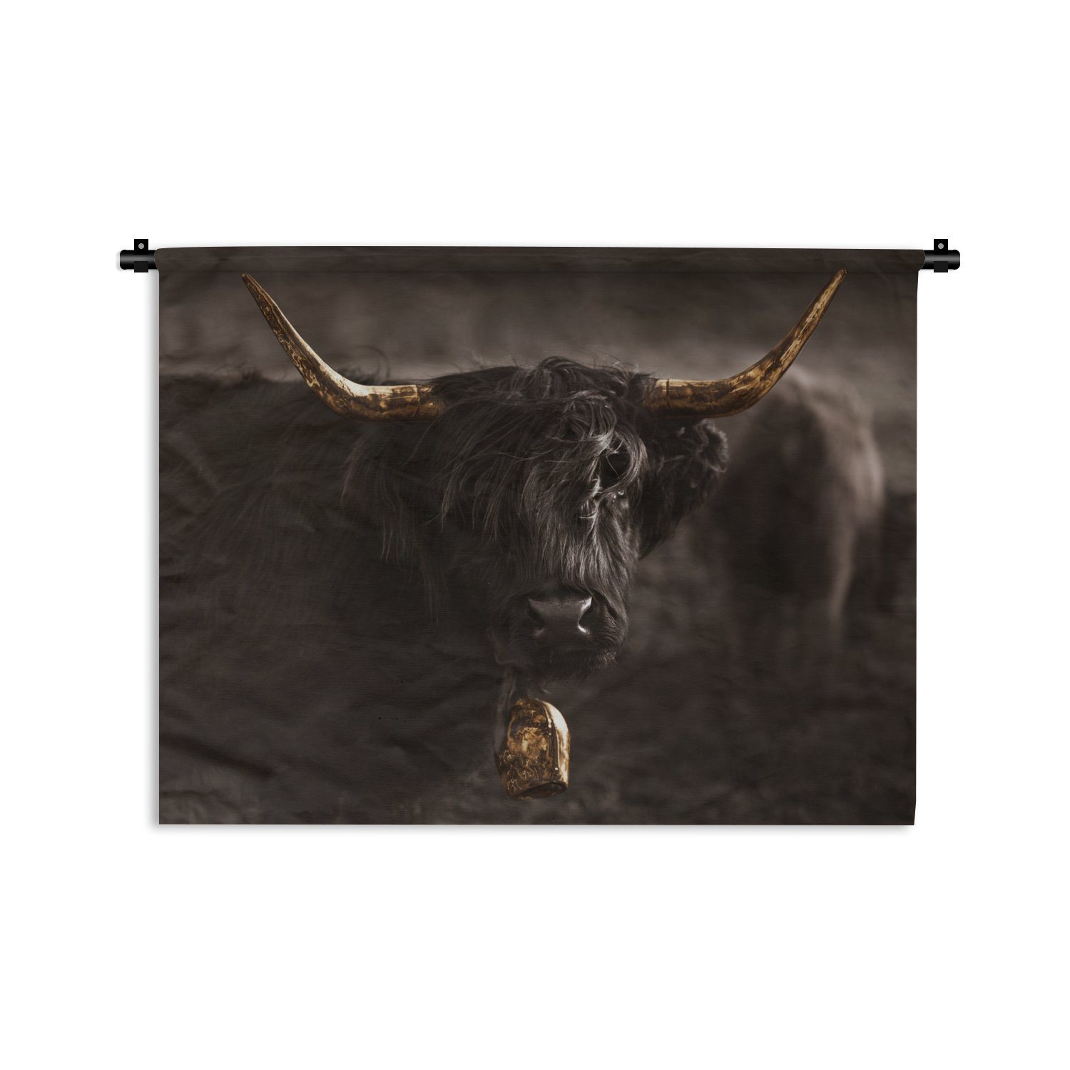 MuchoWow Wanddekoobjekt Schottischer Highlander - Gold - Kuhglocke - Hörner - Tiere, Wanddeko für Wohnzimmer, Schlafzimmer, Kleid, Wandbehang, Kinderzimmer