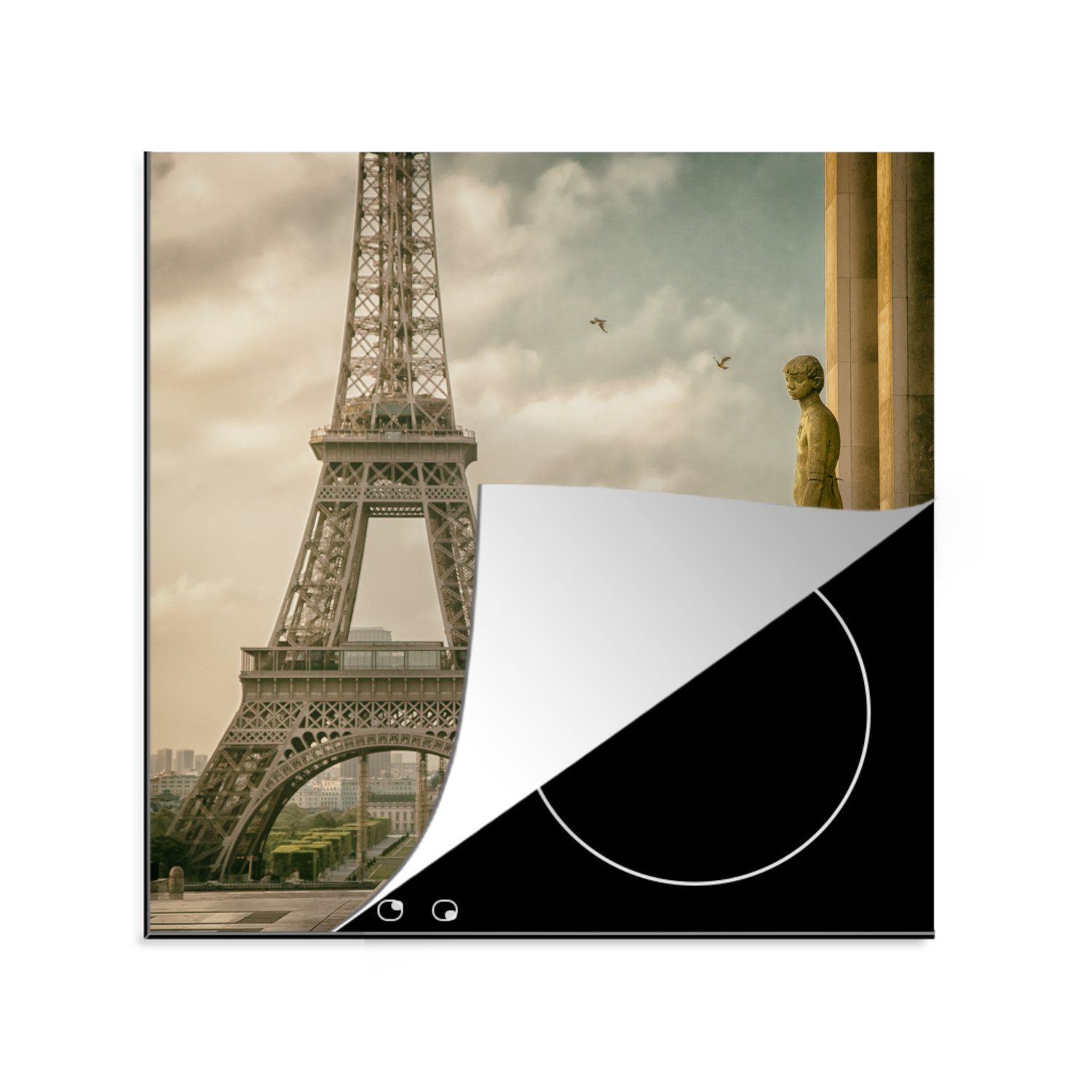 MuchoWow Herdblende-/Abdeckplatte Der Eiffelturm und die schönen Statuen des Palais de Chaillot, Vinyl, (1 tlg), 78x78 cm, Ceranfeldabdeckung, Arbeitsplatte für küche