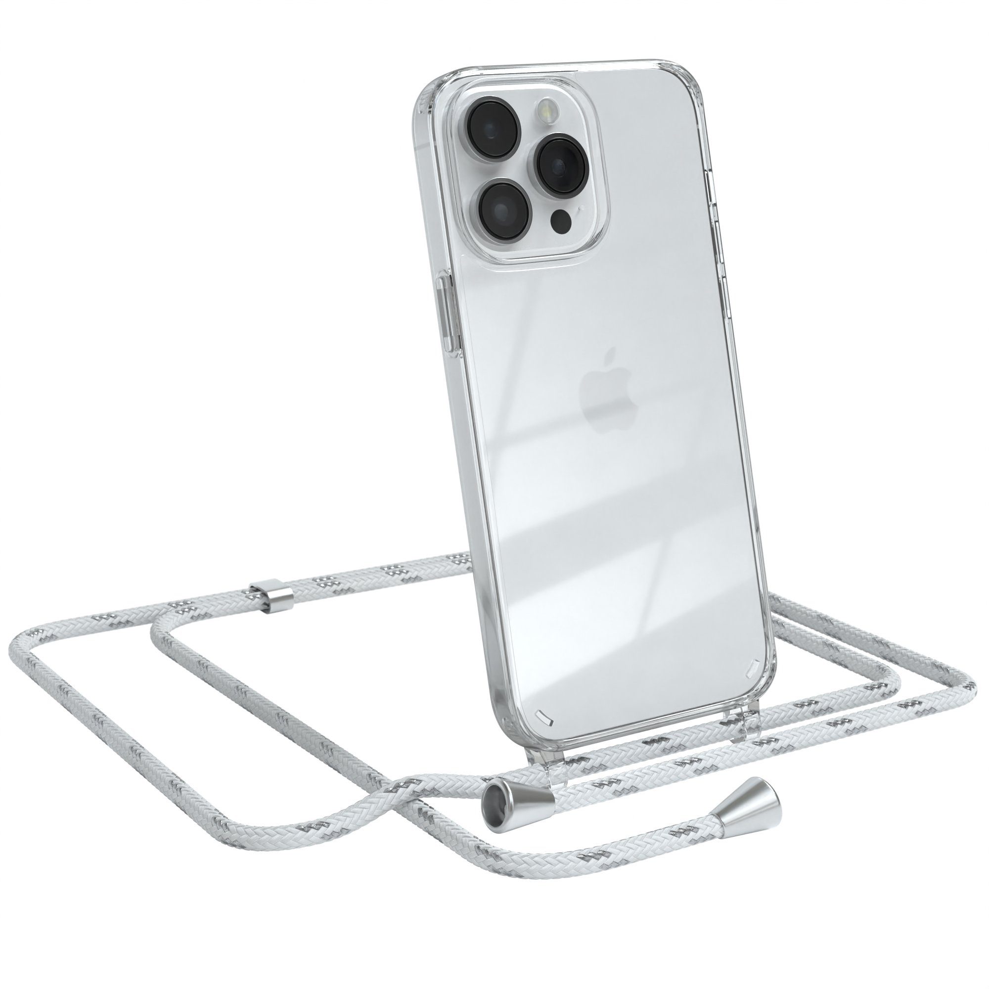 EAZY CASE Handykette Hülle mit Kette für Apple iPhone 14 Pro Max 6,7 Zoll, Hülle Smartphonekette für Unterwegs Festivalhülle Transparent Weiß