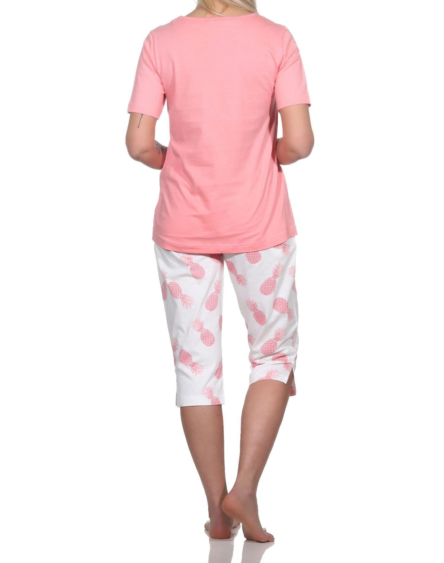 Normann Pyjama Damen Kurzarm Schlafanzug mit Caprihose Homewear und Ananas als Motiv